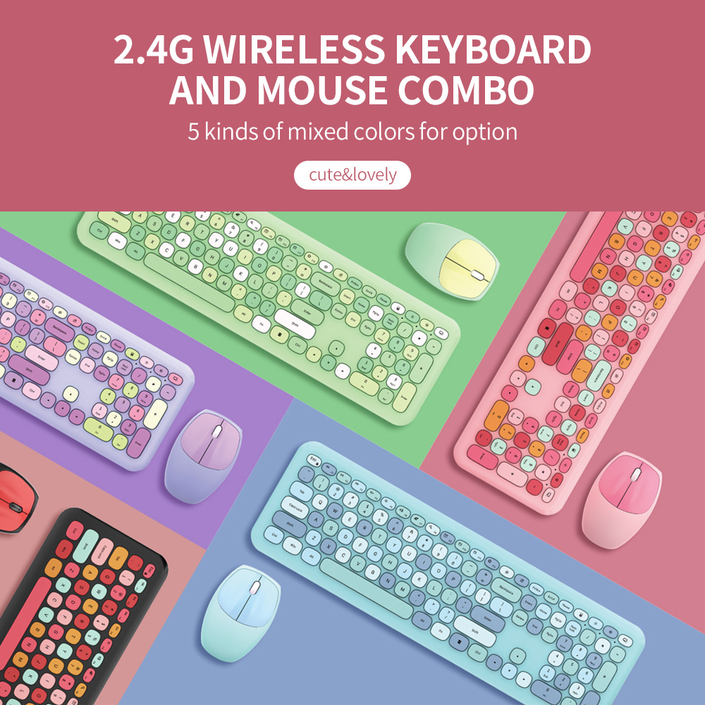 Mofii 666 Keyboard Mouse Combo Wireless 2.4G Mixed Color 110 Key Keyboard Mouse Set With Round Punk Keycaps For Girl Green