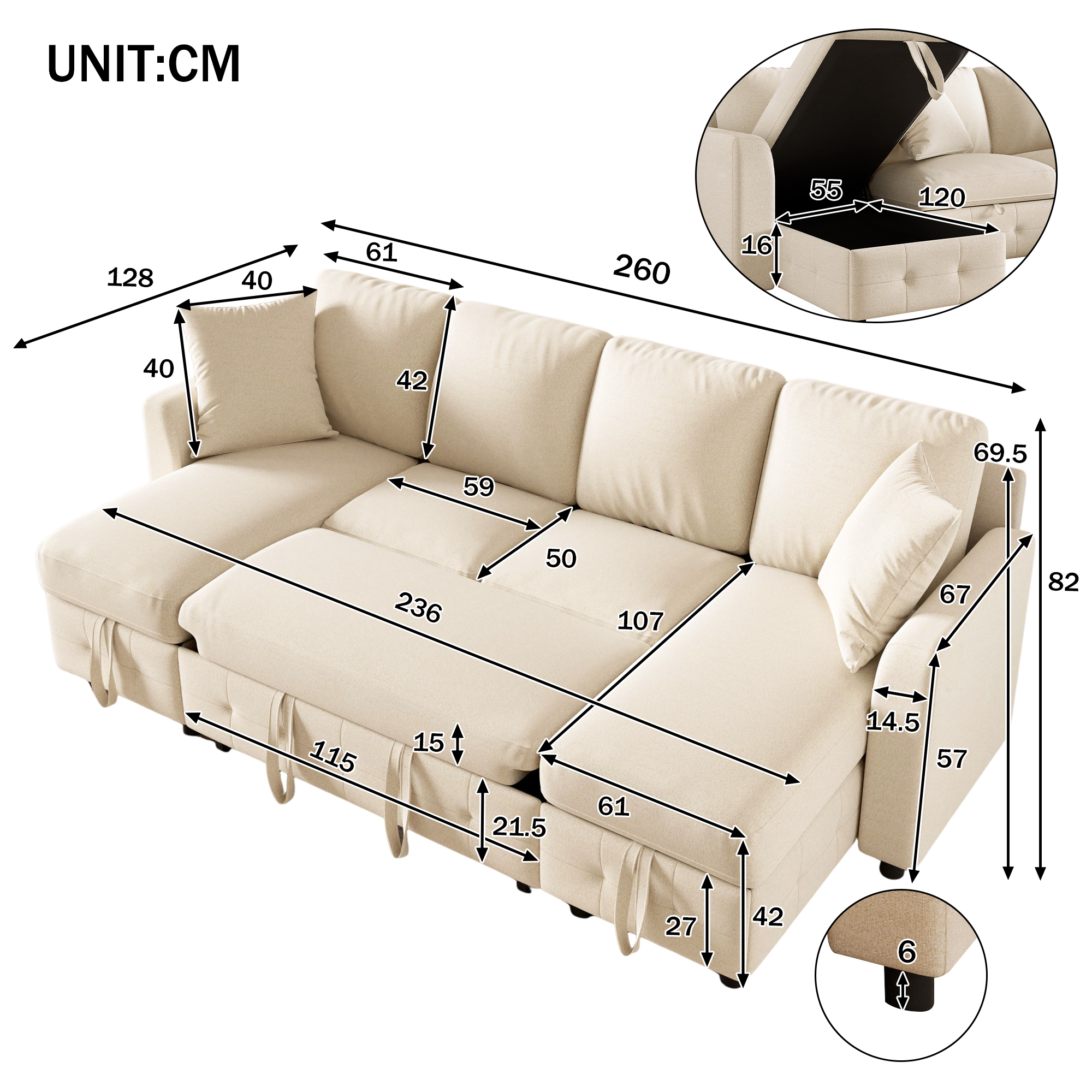 Modern Chenille U-Shaped Sectional Sofa With 2 Storage Chaise Lounges, 2 Square — image 3
