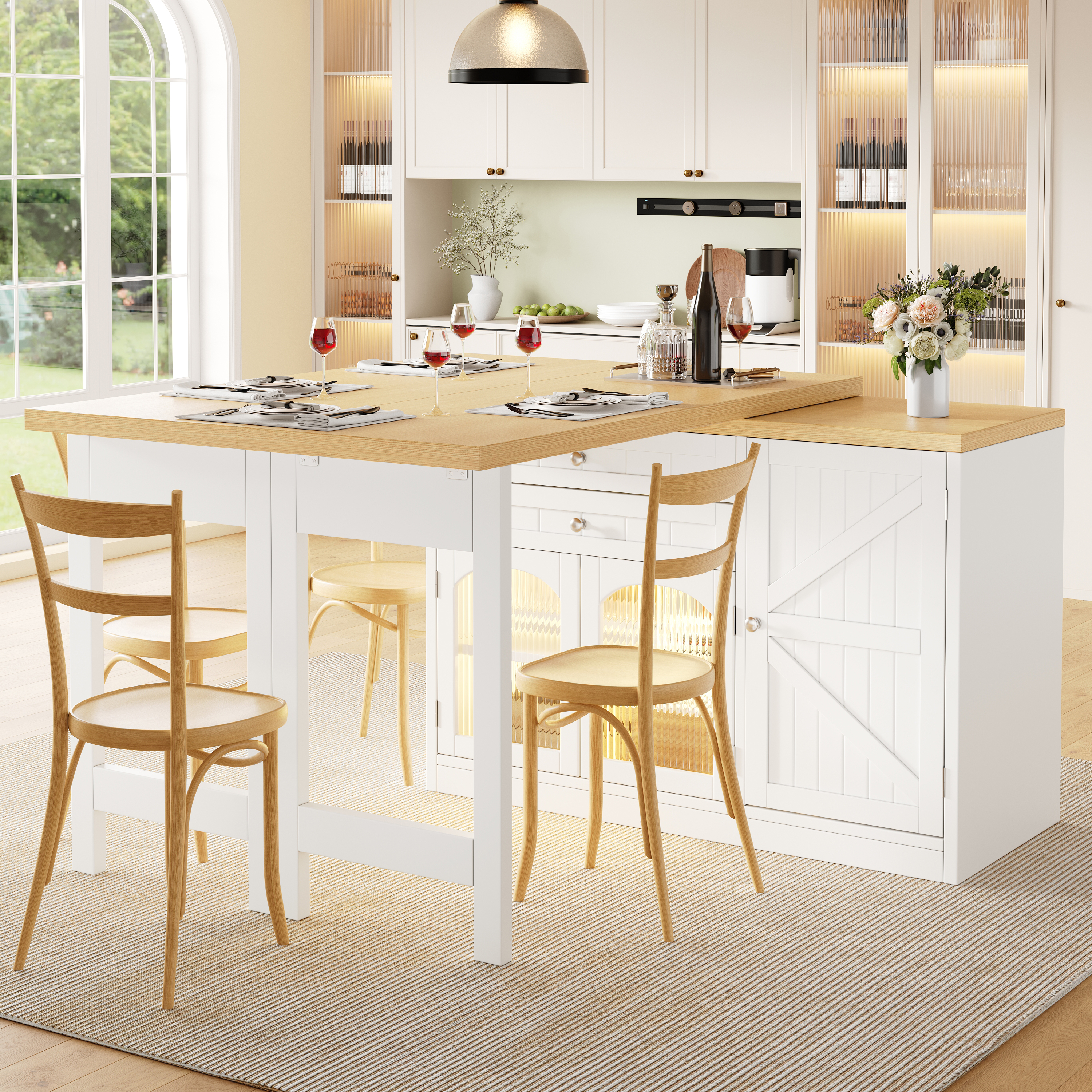 Extendable Kitchen Island Dining Table 120-194cm, 360 Rotating Tabletop, With Glass Doors, Drawers & Door Snack Shelves, White 5