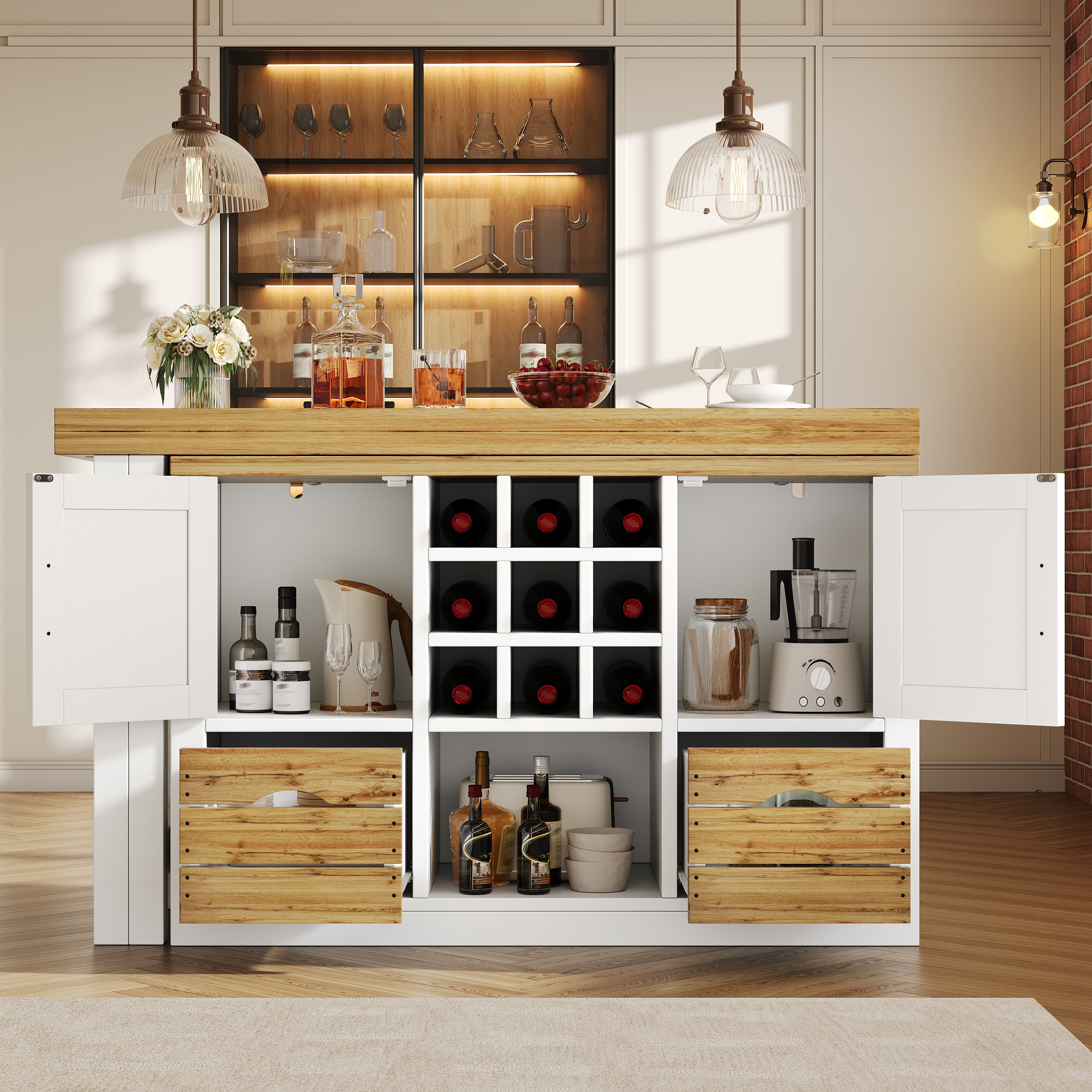 Extendable Kitchen Island Dining Table, With Sideboard, 360 Rotating Tabletop — image 3