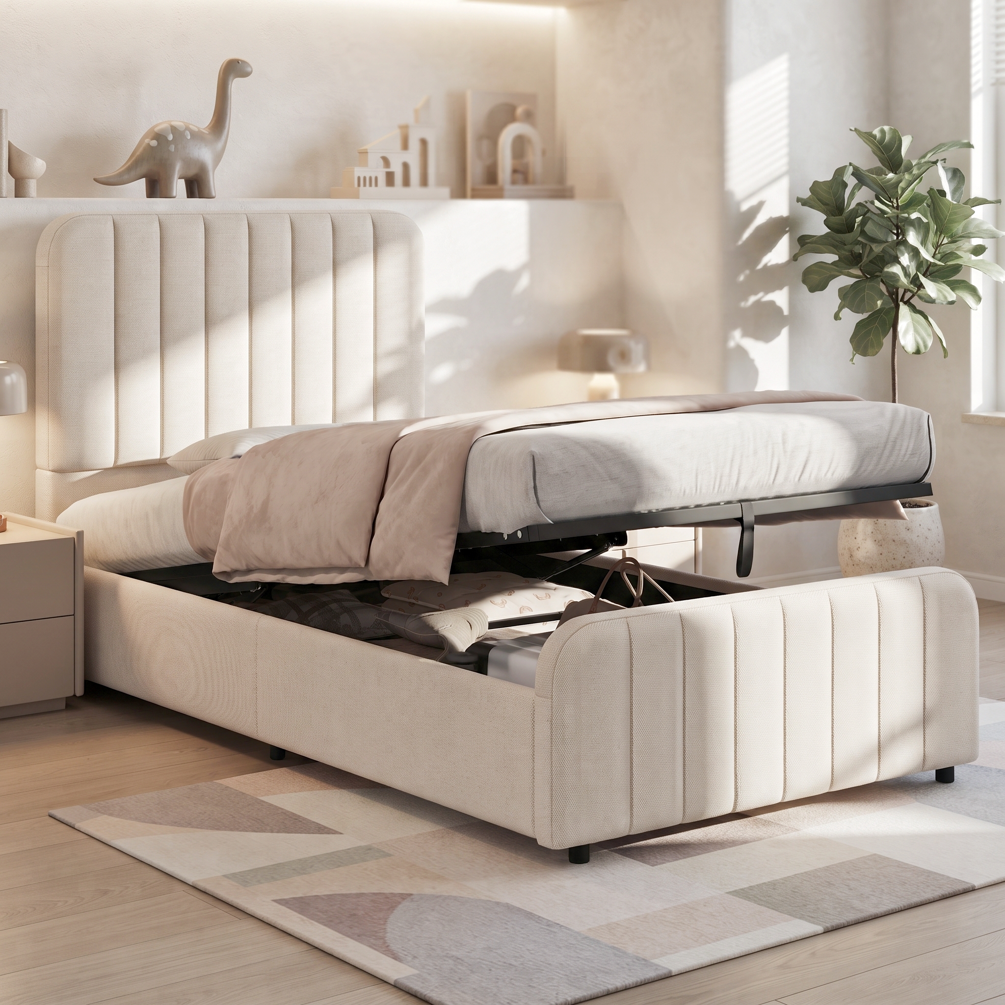 Modern Upholstered Storage Bed 3FT Single  90 X 190 Cm   Hydraulic Ottoman Bed Frame With Tall Padded Headboard, Timeles S Linen Bed For Kids, Teens & Adults, Beige, Linen