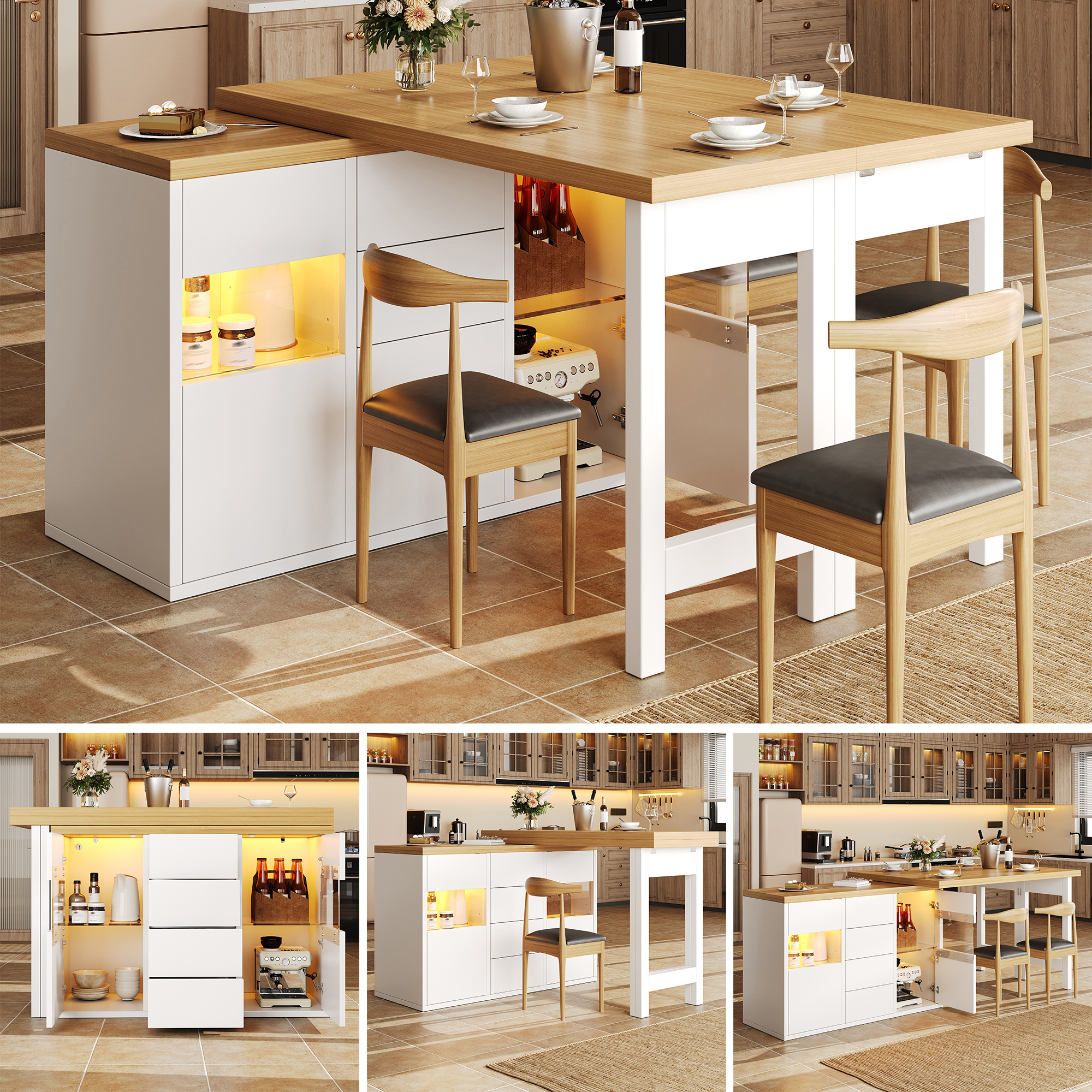 Combo de table à manger de buffet extensible avec lumières LED, rangement réglable,
