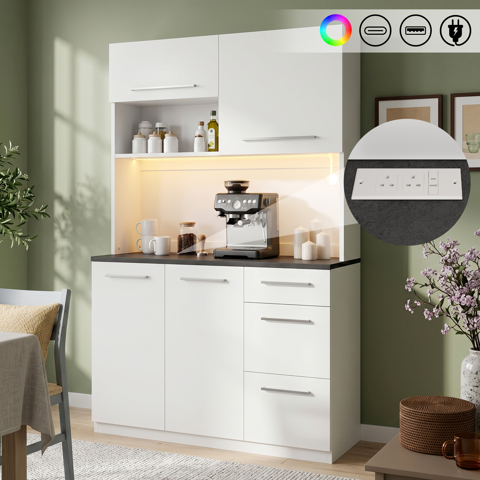 Sideboard, Dining Room Tall Cabinet 120x40x180 Cm, Multi-tiered Storage Space, Integrated Power Outlet And USB-C And USB-A Ports, With Colored Light Strip, White