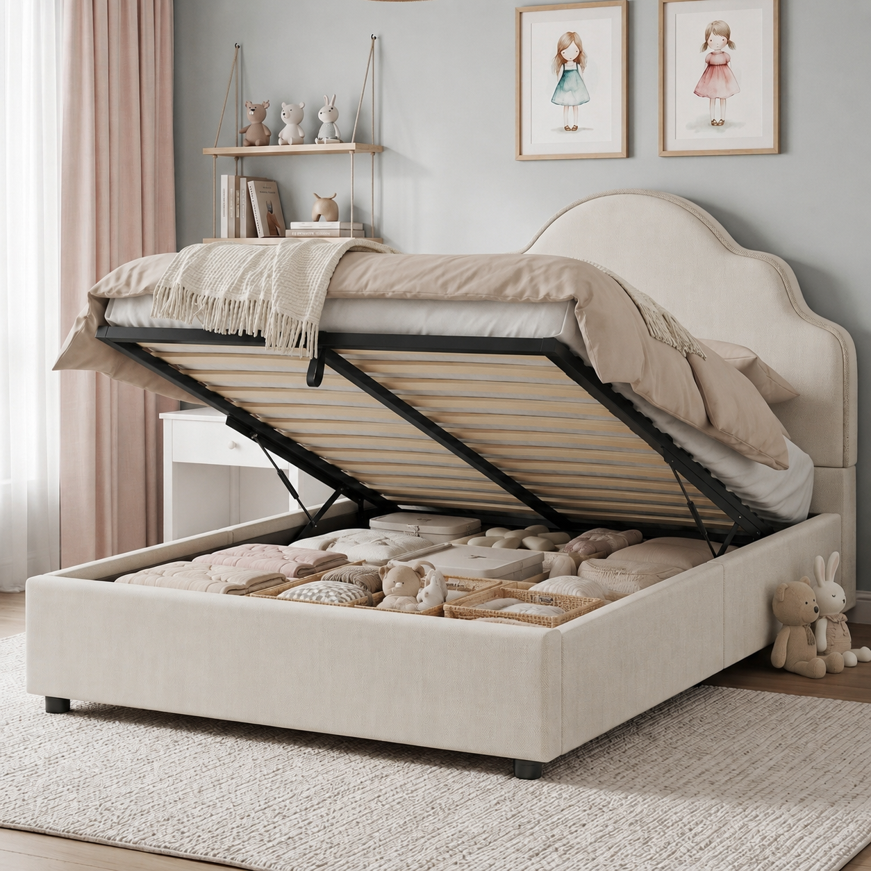 Scalloped Upholstered Kids Bed Frame 3FT 90 X 190 Cm Hydraulic Lift-Up Storage — image 2