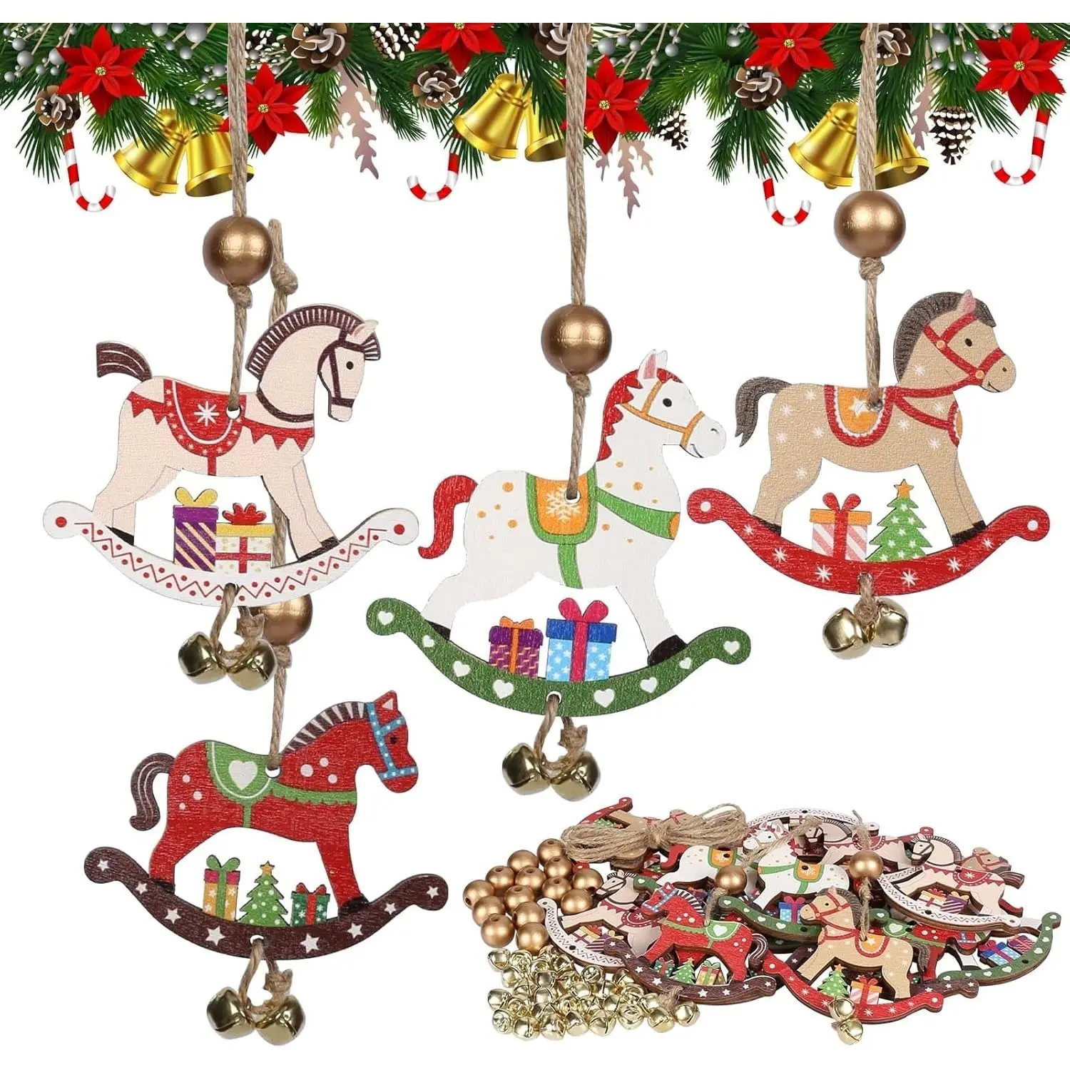 Wooden Rocking Horse Ornaments, Christmas Decorations, Hanging