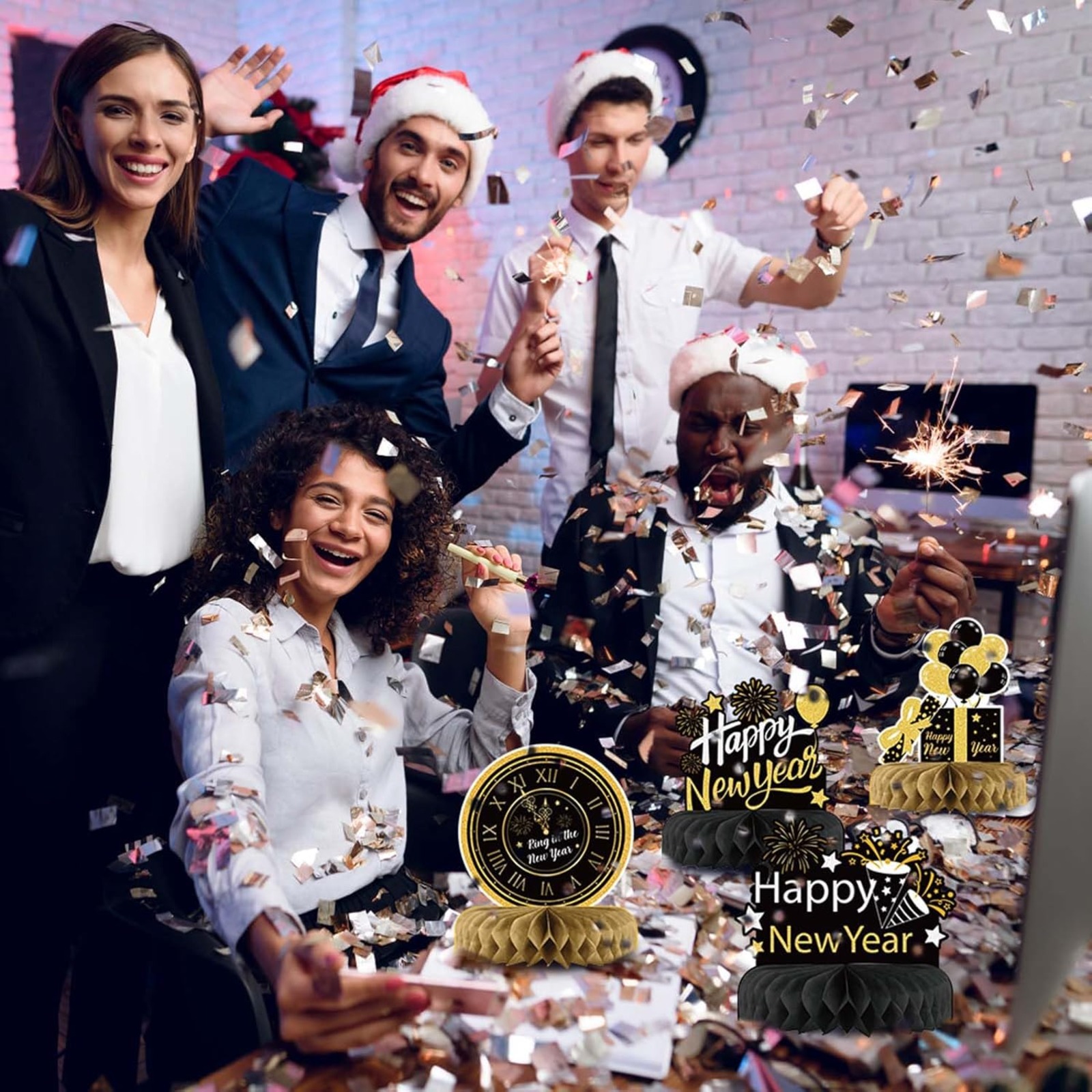 2026 New Year's Table Decorations ,9-Piece New Year's Eve Decoration Set ,Honeycomb-Shaped New Year's Eve Table Decorations ,Black New Year's Decorations ,Happy New Year Decorations — view 4