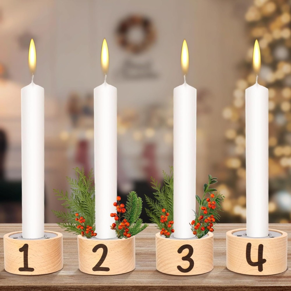 Set Of 4 Advent And Christmas Wooden Candle Holders, Tealight Holders With Advent Numbers & Flower Inserts For Christmas, Advent, Wedding Celebrations, And Home Decor — foto 2