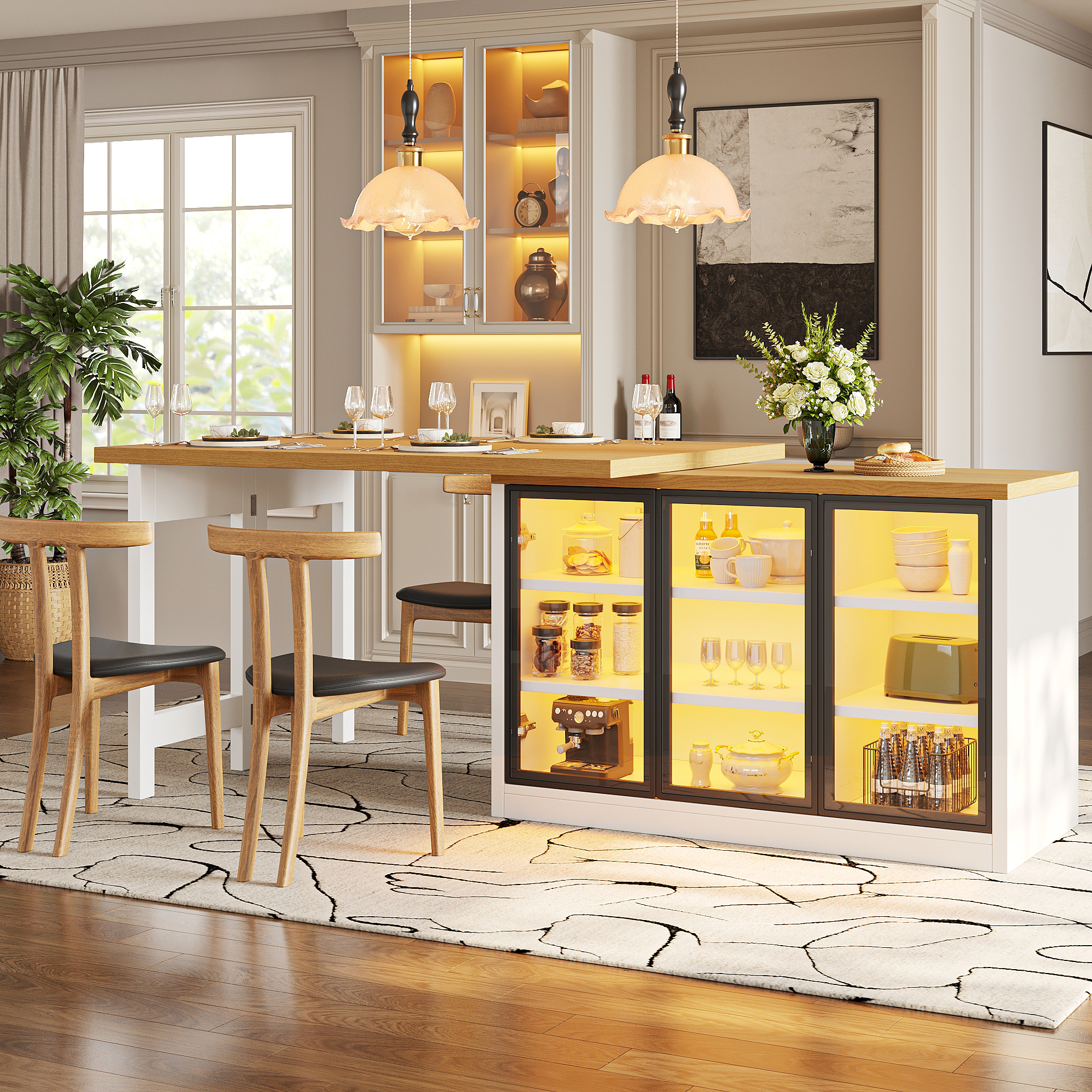 Extendable Sideboard & Dining Table Combo With LED Lights, Push-to-Open Glass — image 3