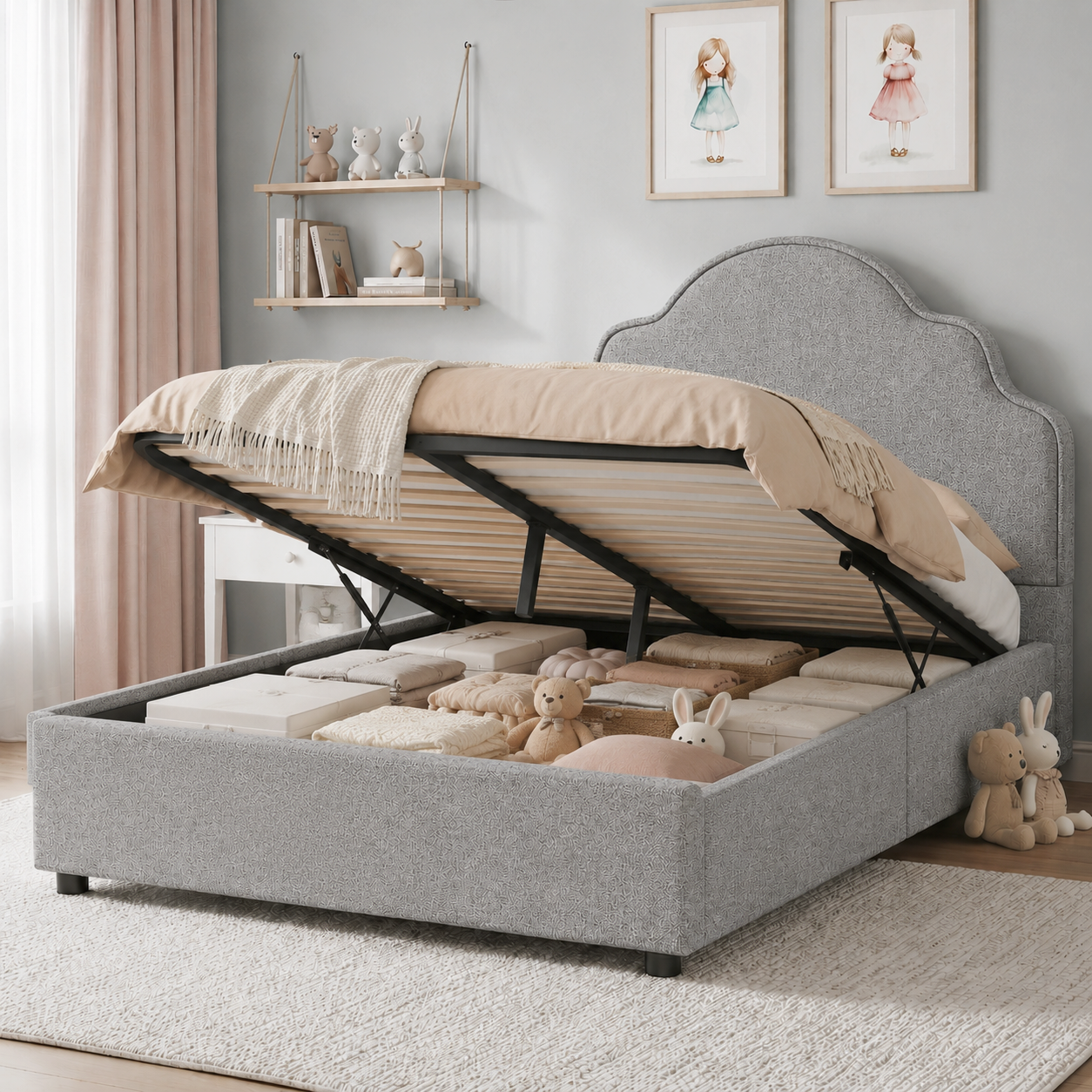 Scalloped Upholstered Kids Bed Frame 3FT 90 X 190 Cm Hydraulic Lift-Up Storage — image 4