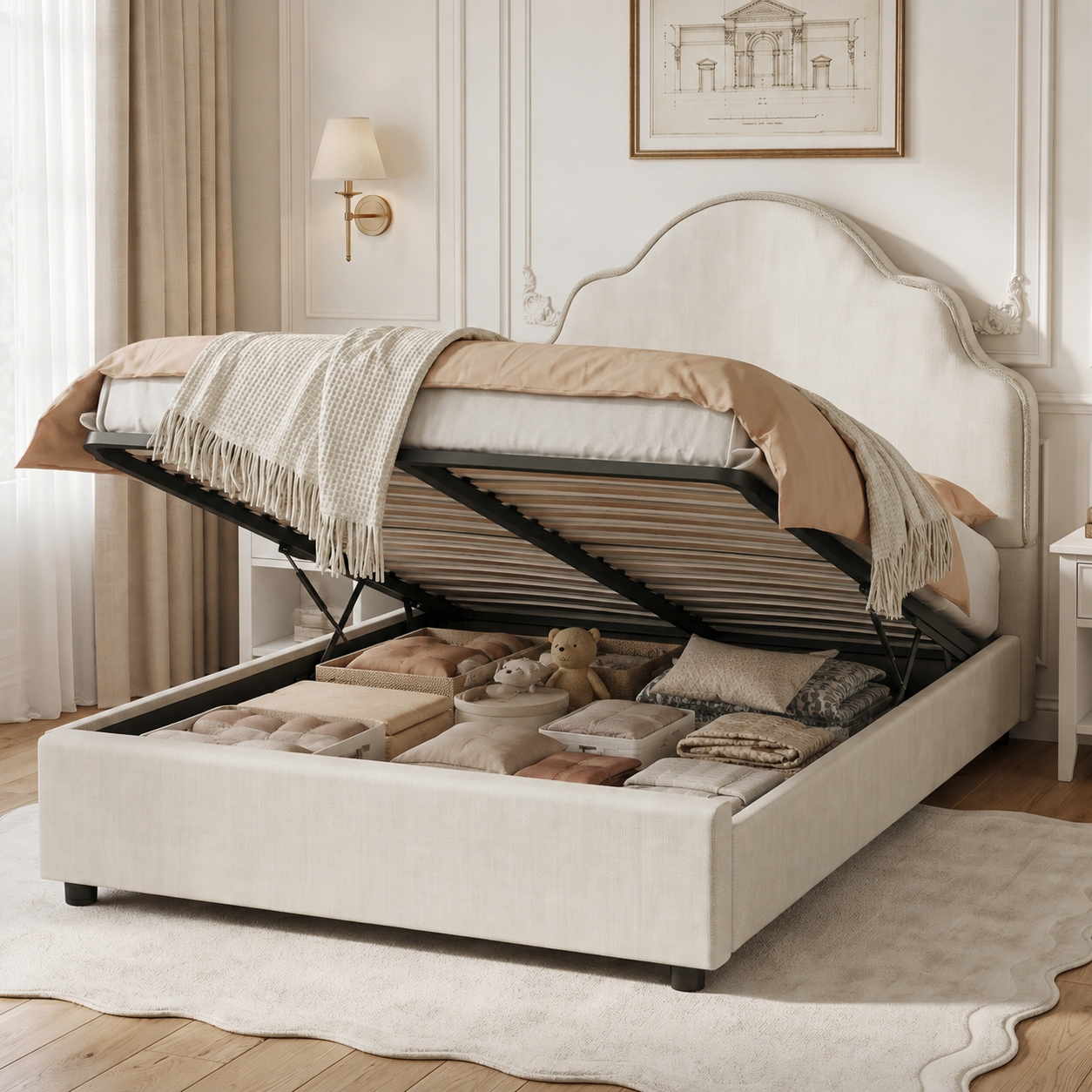 Scalloped Upholstered Kids Bed Frame 3FT  90 X 190 Cm   Hydraulic Lift-Up Storage Ottoman Bed, Princess Style, Curved Headboard, Padded Low Platform Bed For Bedroom, Beige, Linen