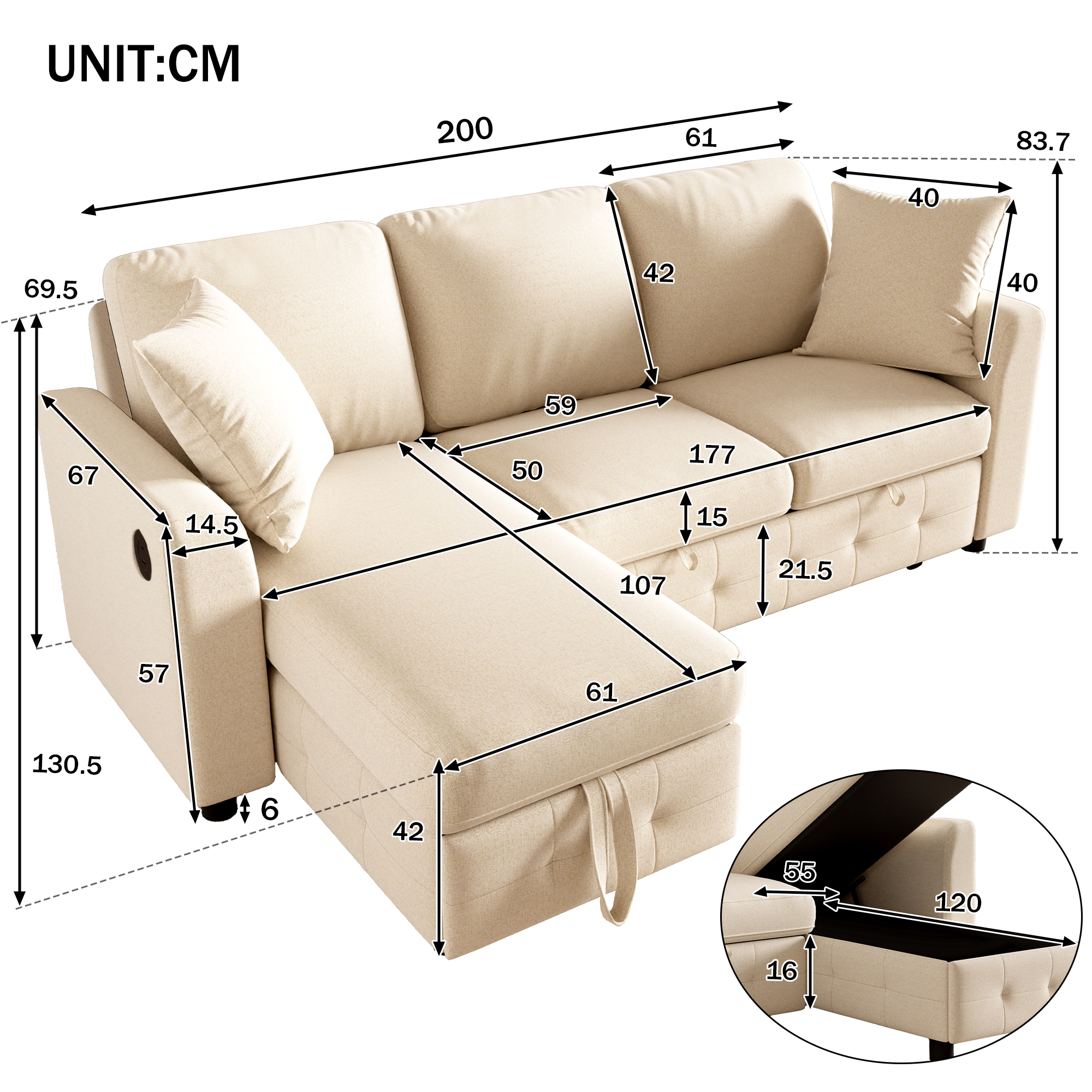 Modern Chenille L-Shaped Sectional Sofa With 1 Storage Chaise Lounges, 2 Square — image 2