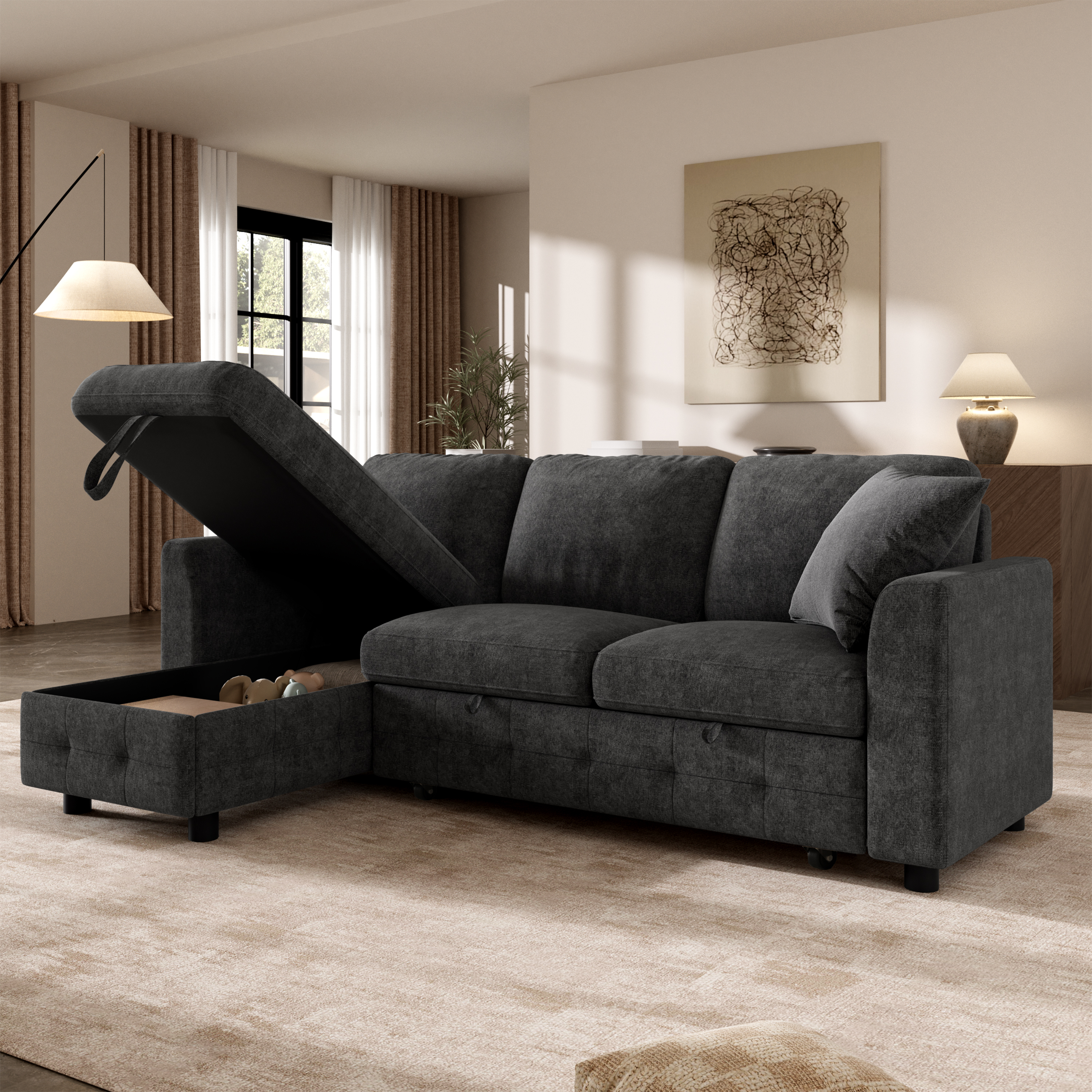 Modern Chenille L-Shaped Sectional Sofa With 1 Storage Chaise Lounges, 2 Square — image 4