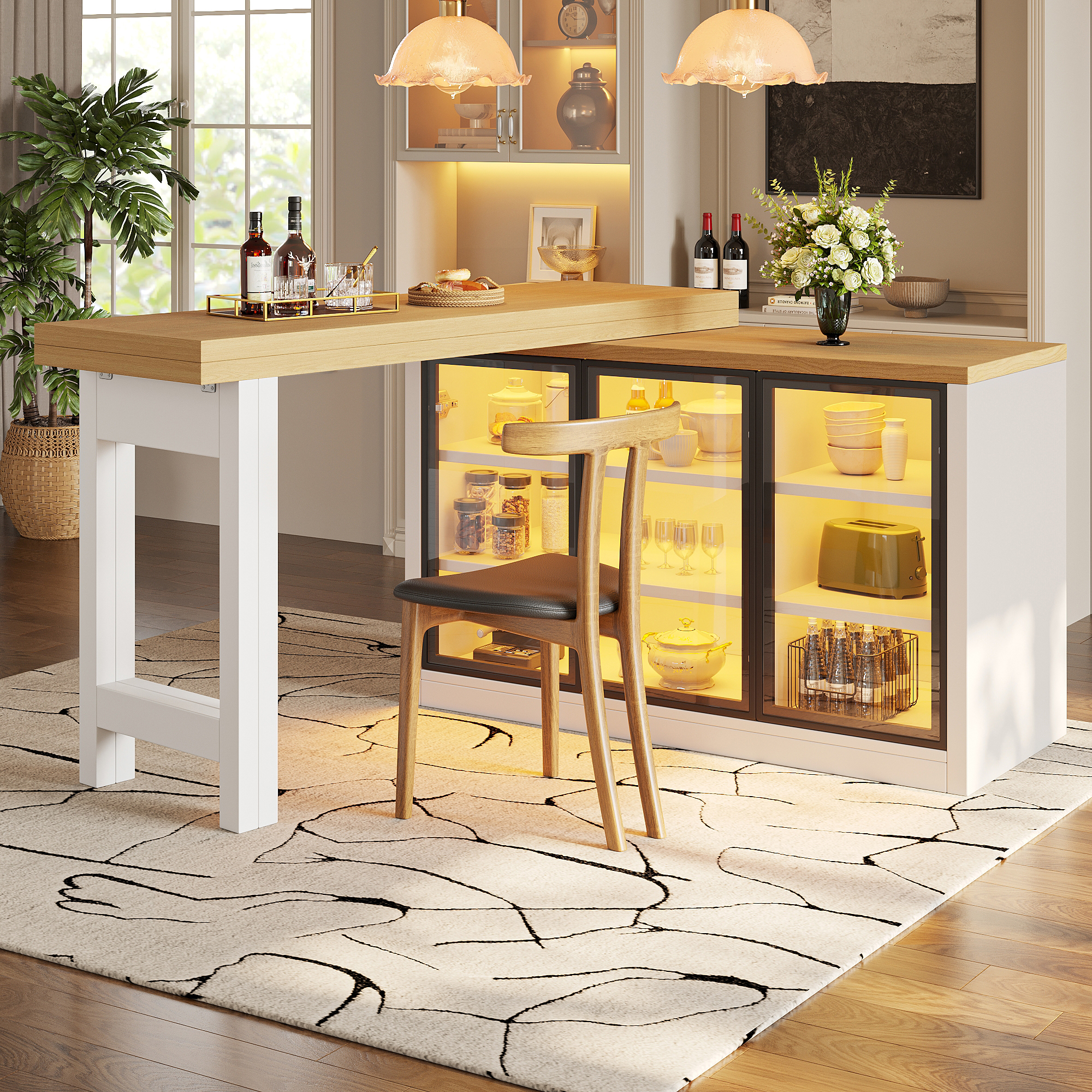 Extendable Sideboard & Dining Table Combo With LED Lights, Push-to-Open Glass — image 4
