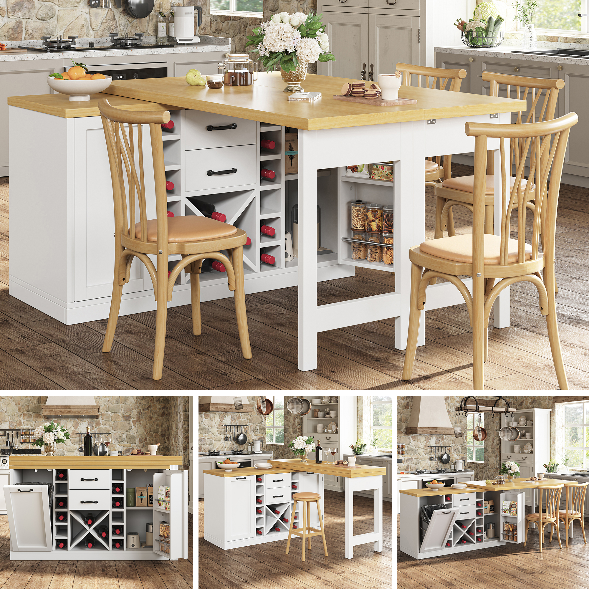 Extendable Sideboard & Dining Table Combo With Wine Rack,  Built-in Trash Bin Compartment And Side Doors With Snack Storage Racks, White