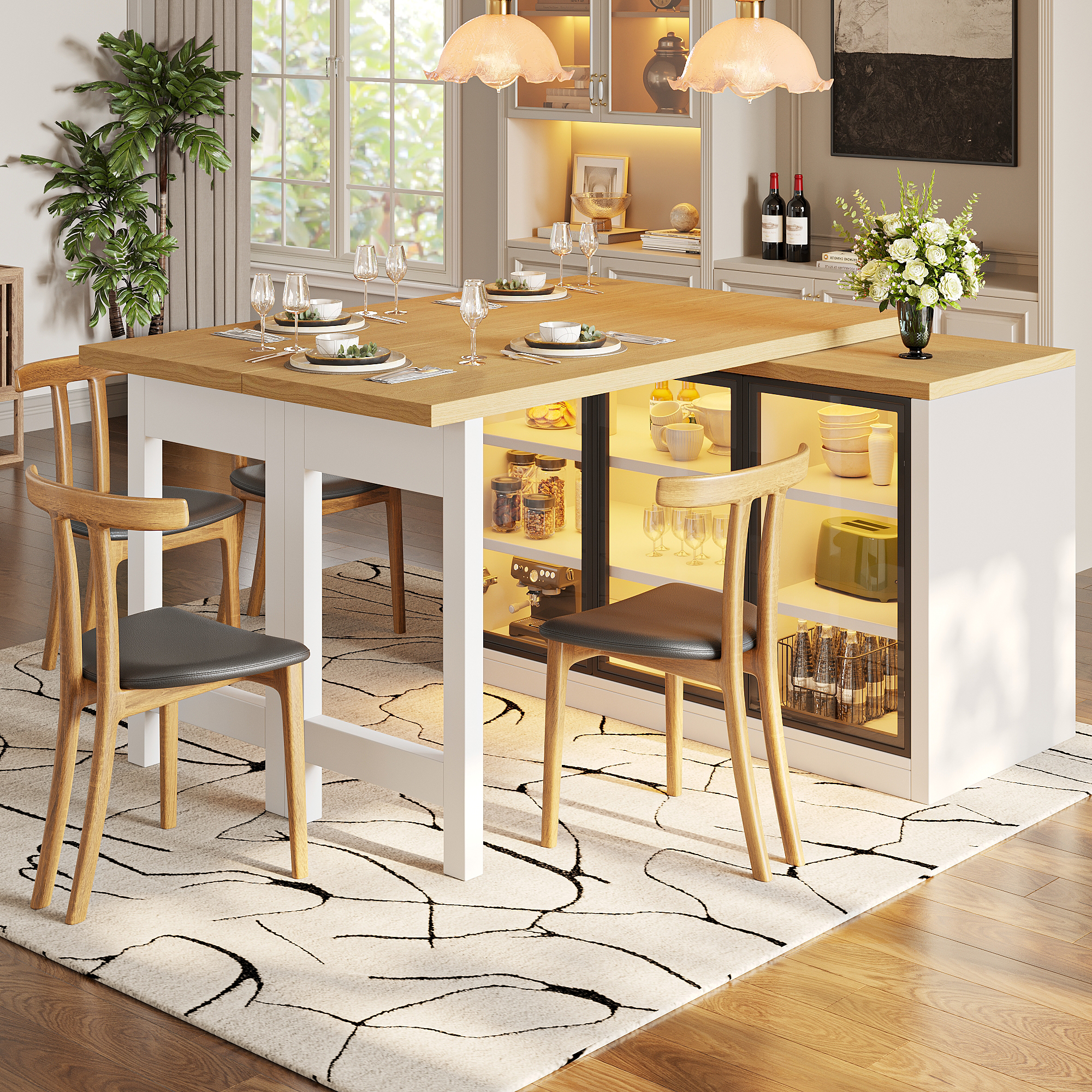 Extendable Sideboard & Dining Table Combo With LED Lights, Push-to-Open Glass — image 2