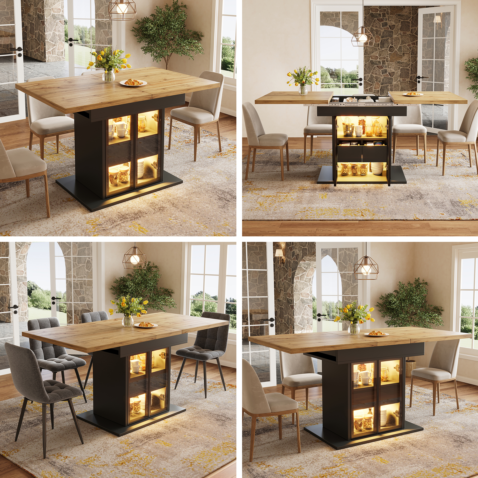 Table de salle à manger extensible avec espace de rangement éclairage LED RVB, 110-140 cm,