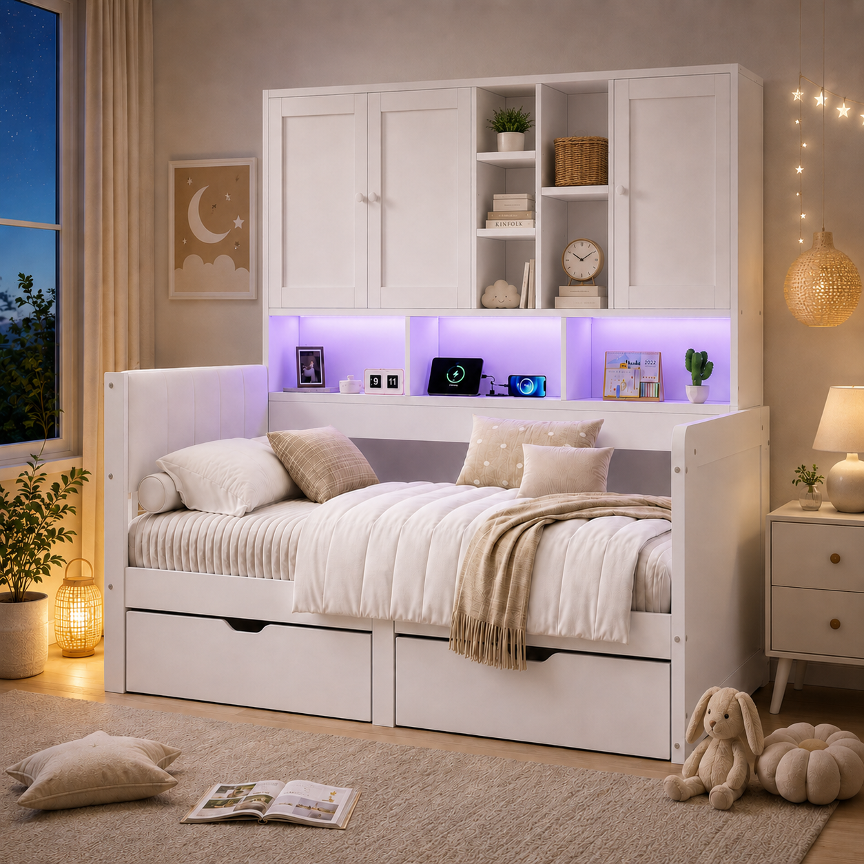 3FT Single Kids Storage Bed 90 X 190cm, White With Overbed Cabinets, 2 Drawers — image 4