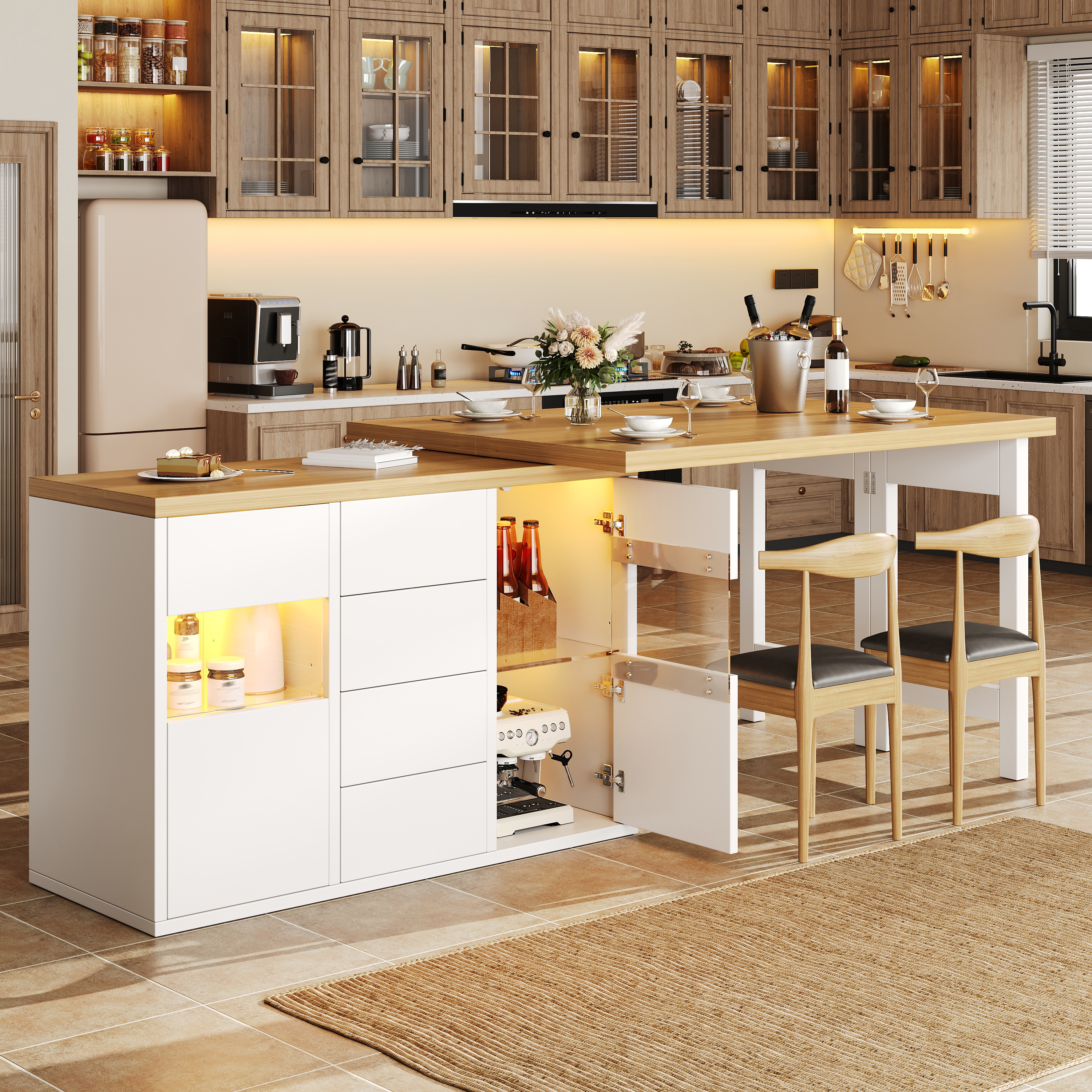 Extendable Sideboard & Dining Table Combo With LED Lights, Adjustable Storage — image 3