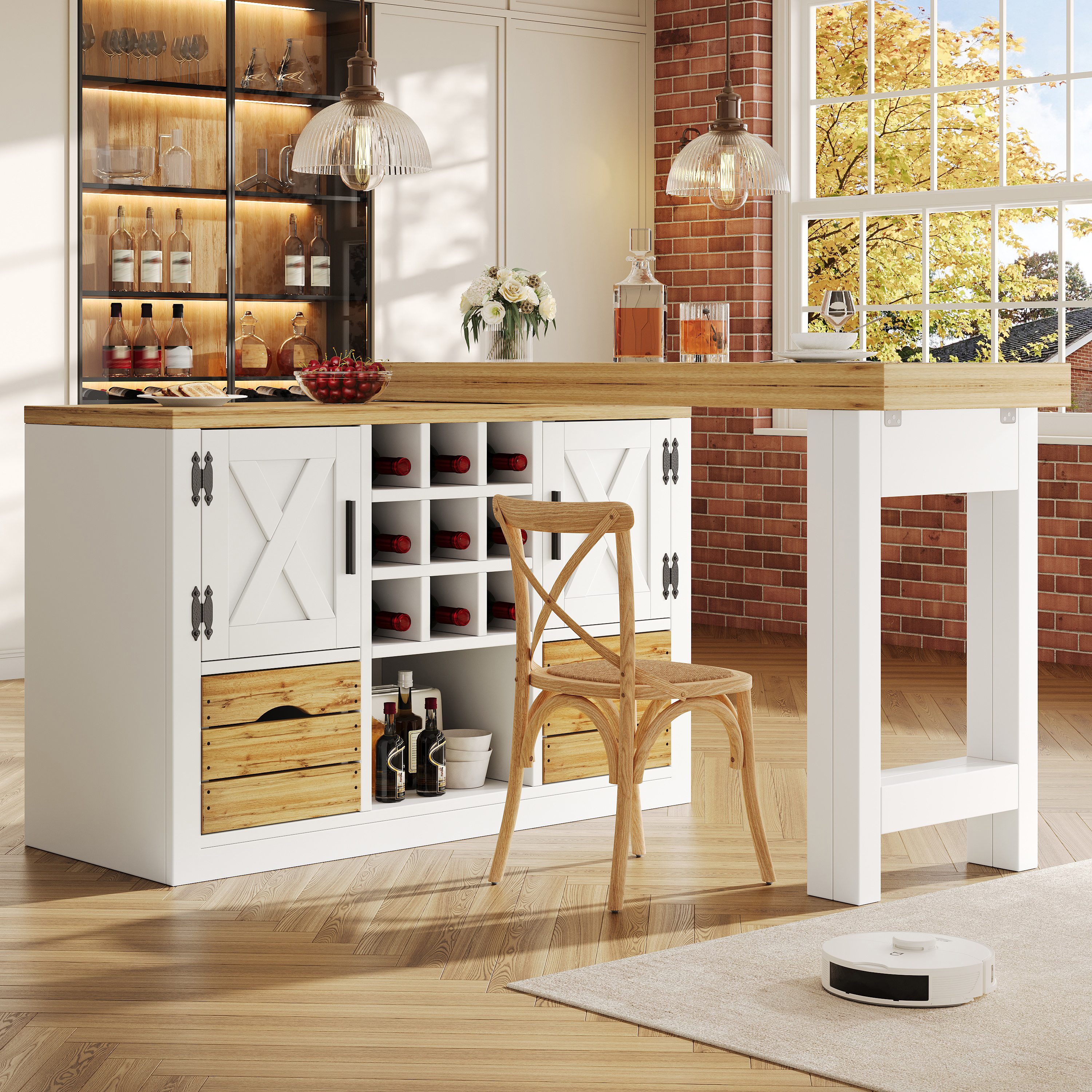 Extendable Kitchen Island Dining Table, With Sideboard, 360 Rotating Tabletop — image 2