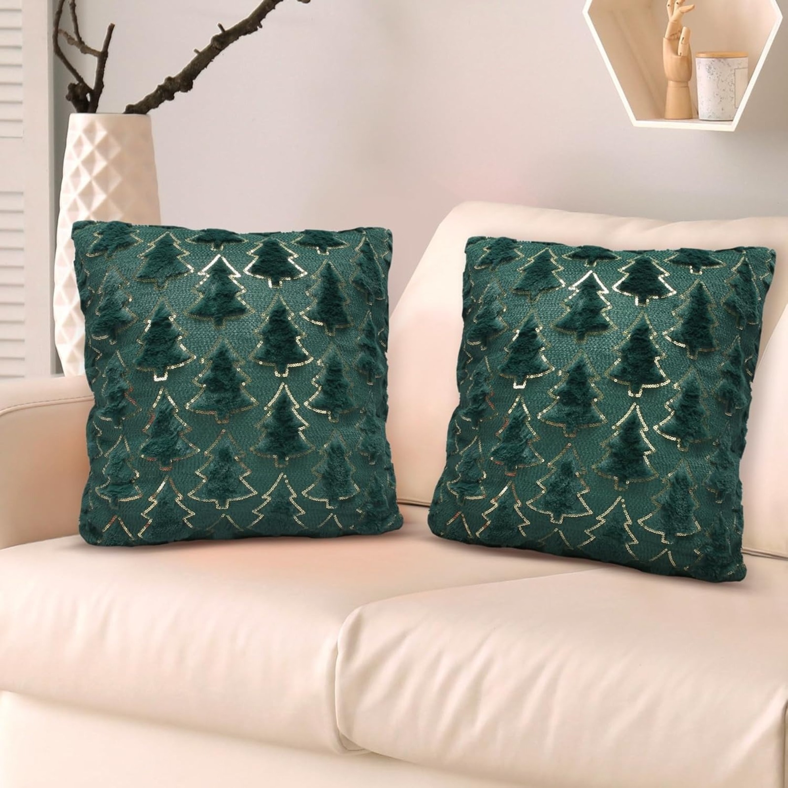 Lot de 2 taies d'oreiller de noël, 45 x 45 cm, oreillers en forme d'arbre de noël