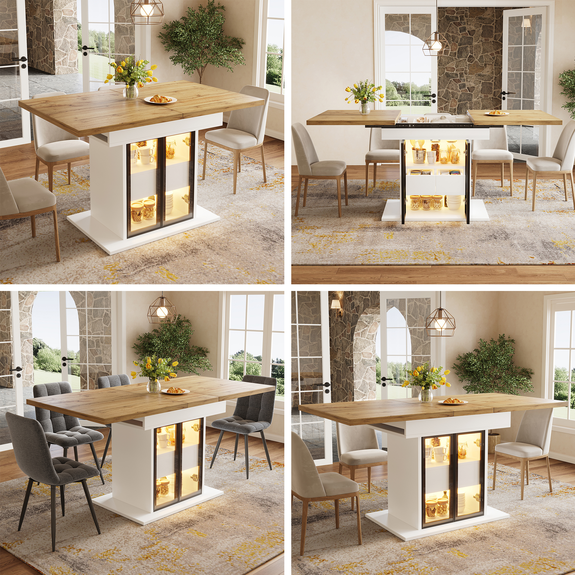 Table de salle à manger extensible avec espace de rangement éclairage LED RVB, 110-140 cm,