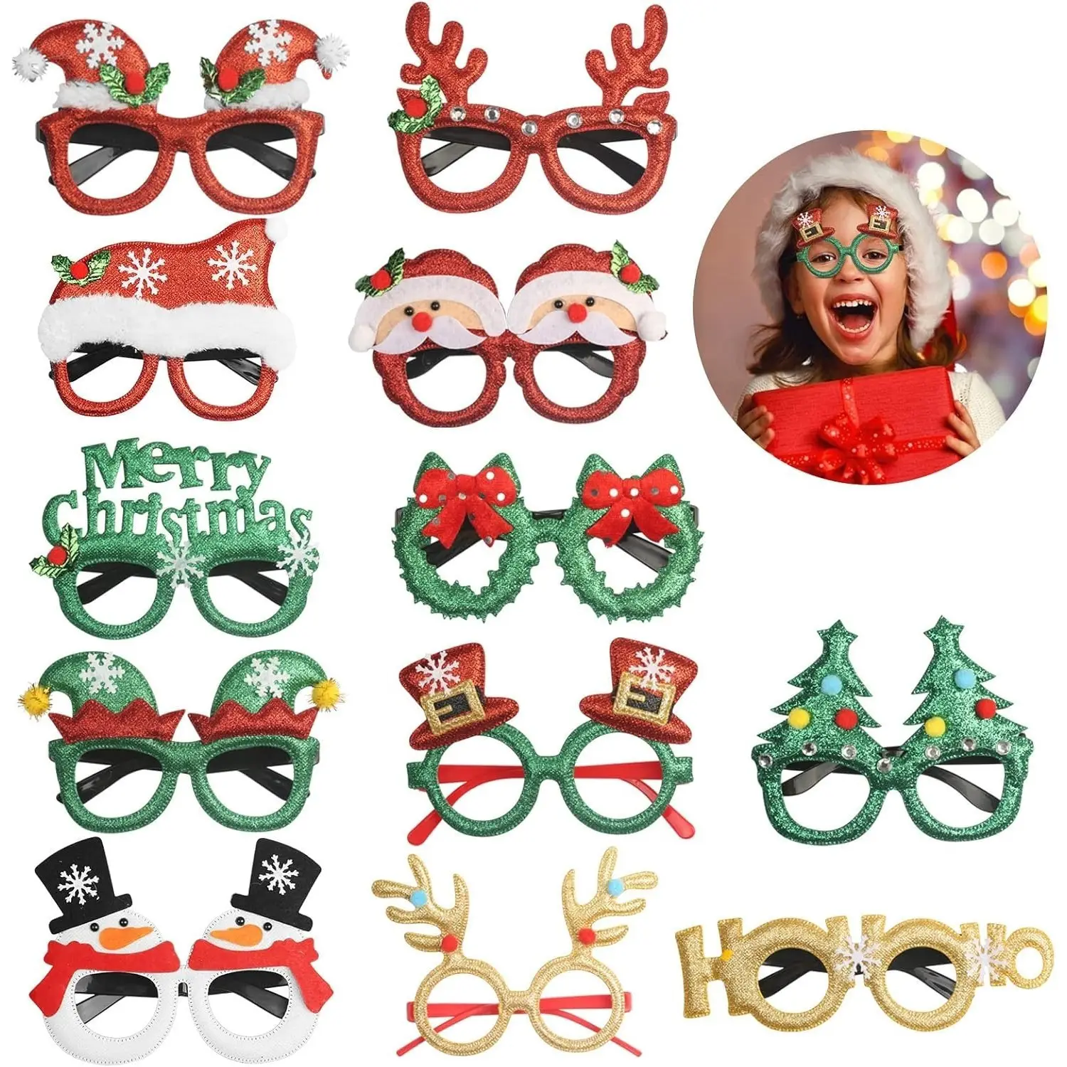 12-Piece Set Of Christmas Glasses, Funny Glittery