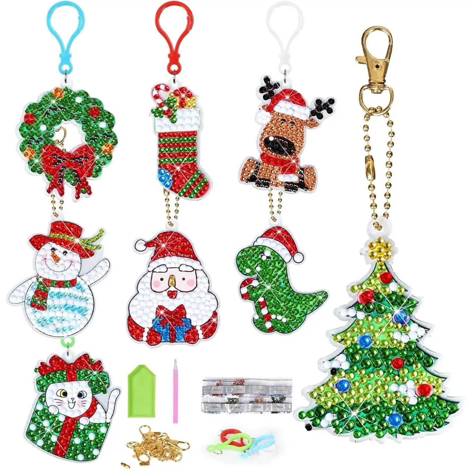 8-Piece Christmas Keychain Set, 5D Diamond Painting