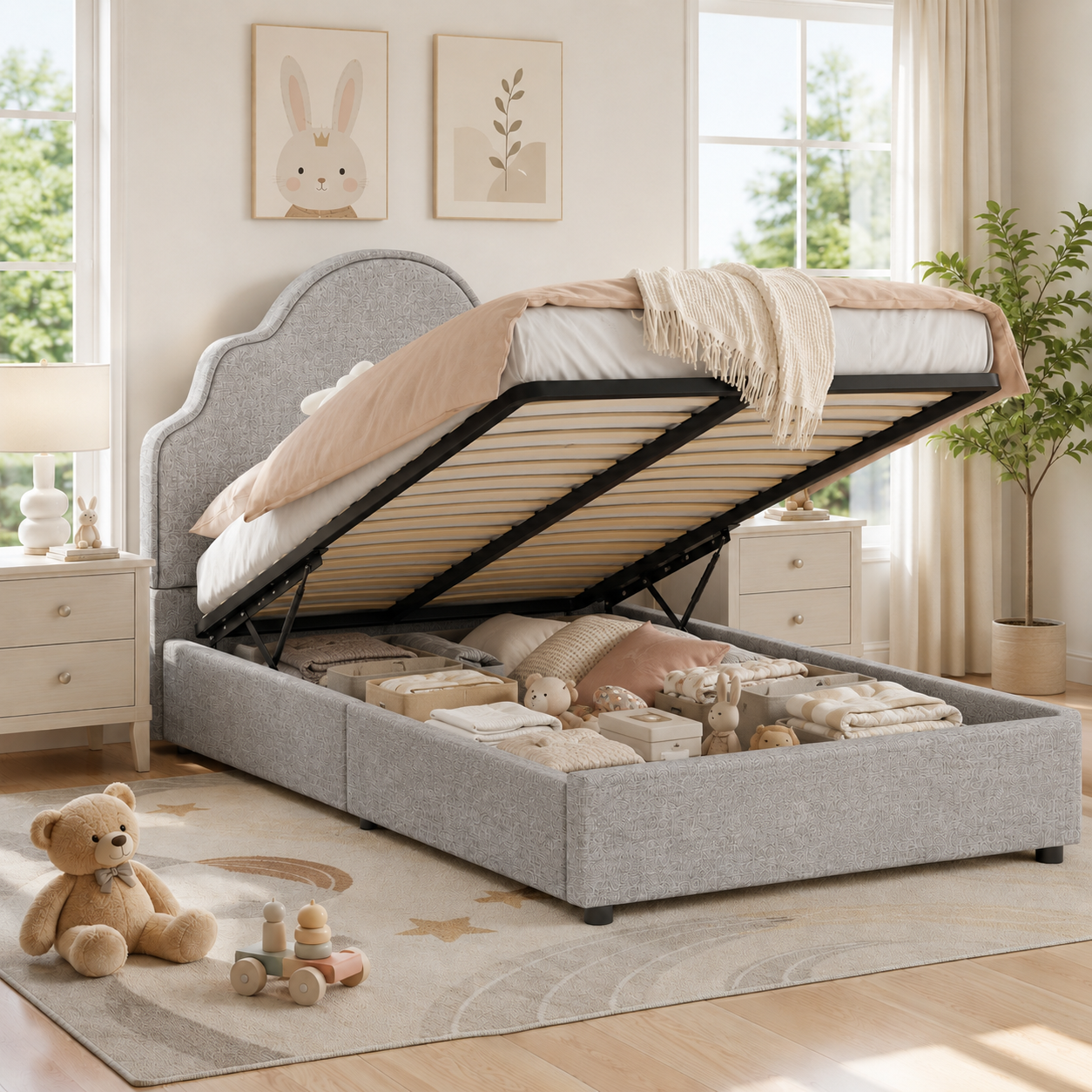 Scalloped Upholstered Kids Bed Frame 3FT  90 X 190 Cm   Hydraulic Lift-Up Storage Ottoman Bed, Princess Style, Curved Headboard, Padded Low Platform Bed For Bedroom, Light Gray, Linen