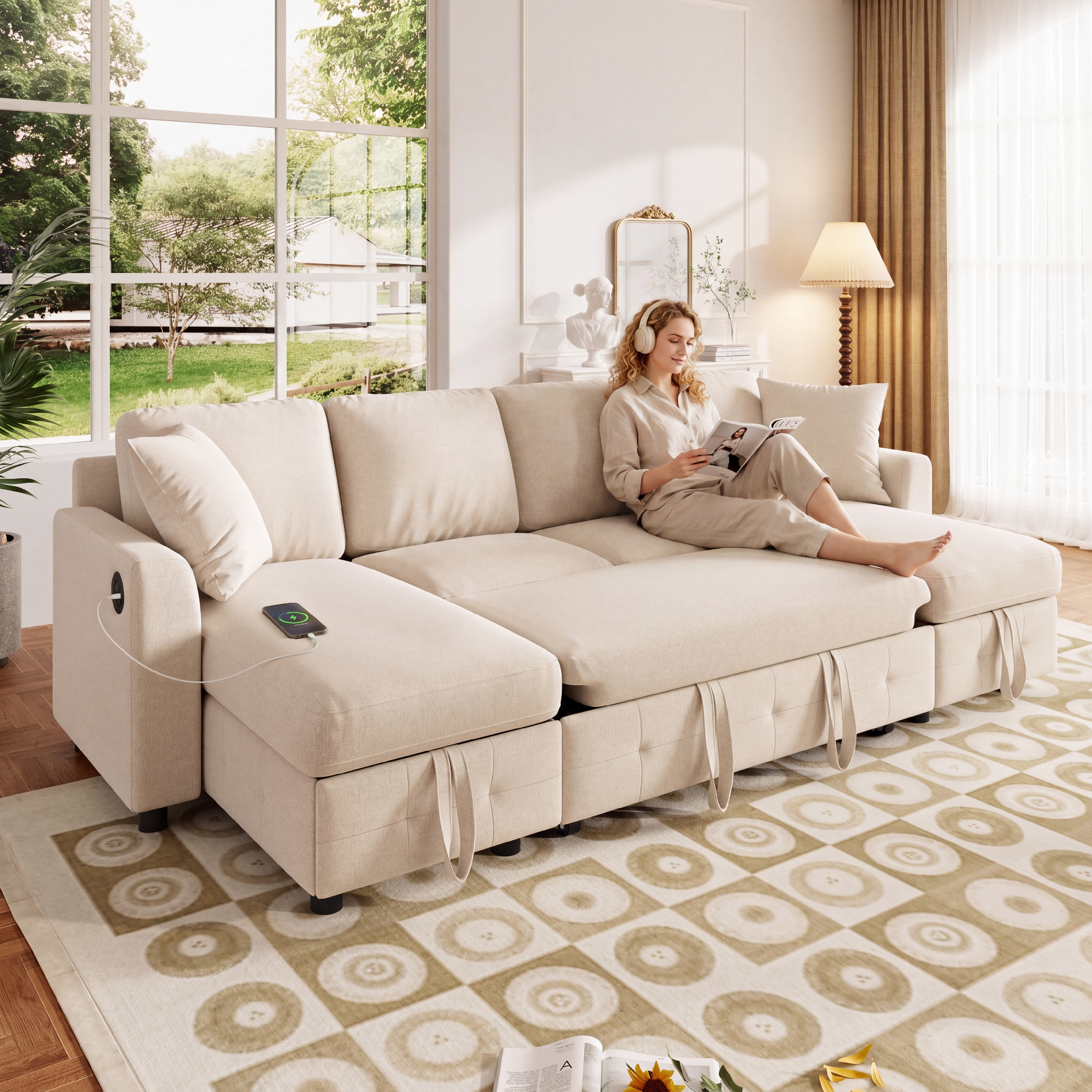 Modern Luxury Chenille U-Shaped Sectional Sofa With 2 Storage Chaise Lounges, 2 Square Cushions, Convertible Corner Sleeper Chair Bed, Comfy Couch For Living Room, Beige,  260 X 128 X 82 Cm