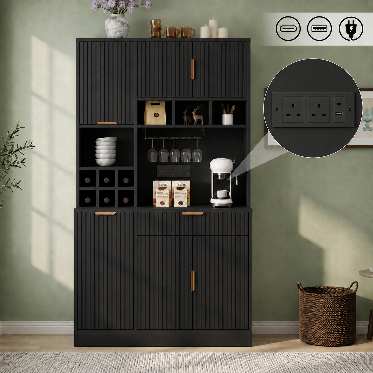 Buffet, Grande armoire de salle à manger 100x40x175 cm, Espace de rangement à plusieurs niveaux,