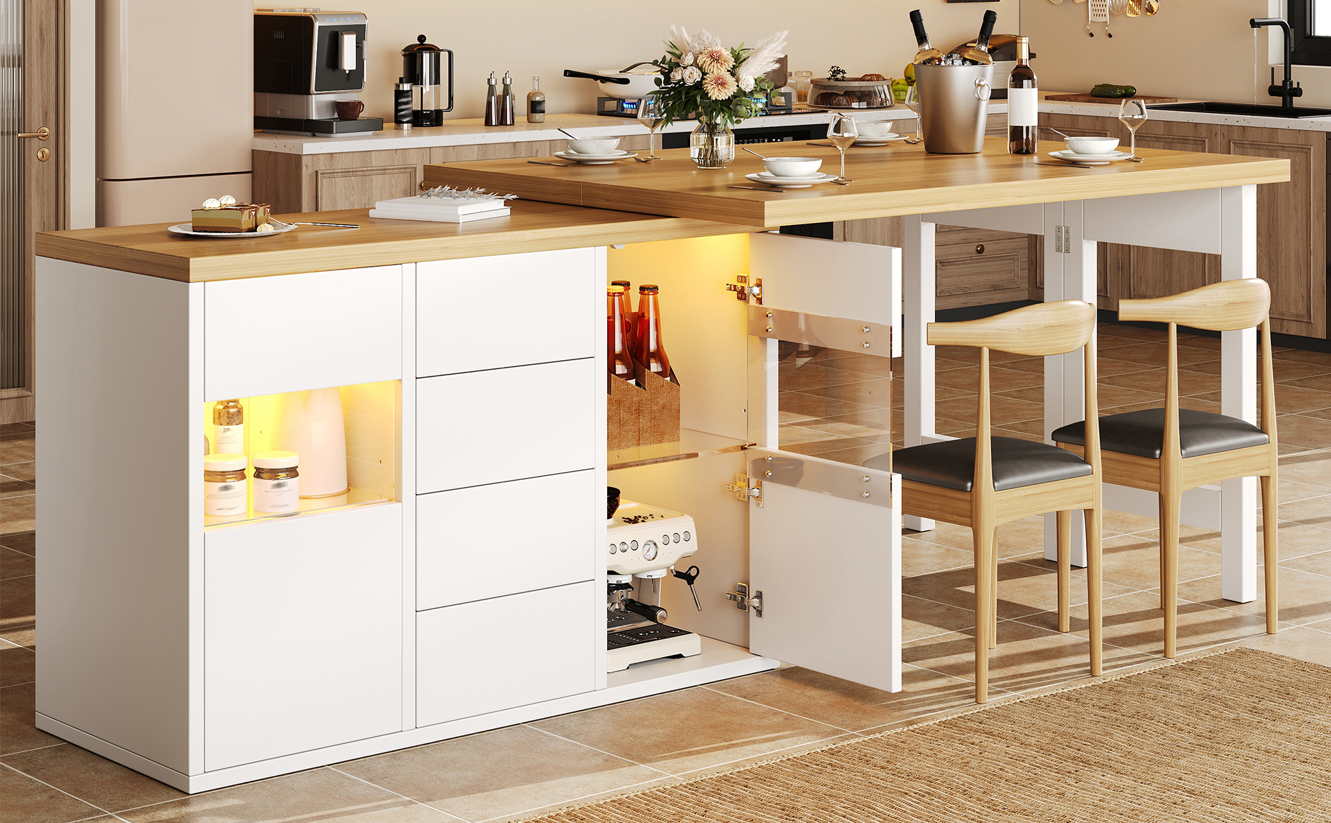 Extendable Sideboard & Dining Table Combo With LED Lights, Adjustable Storage — image 5