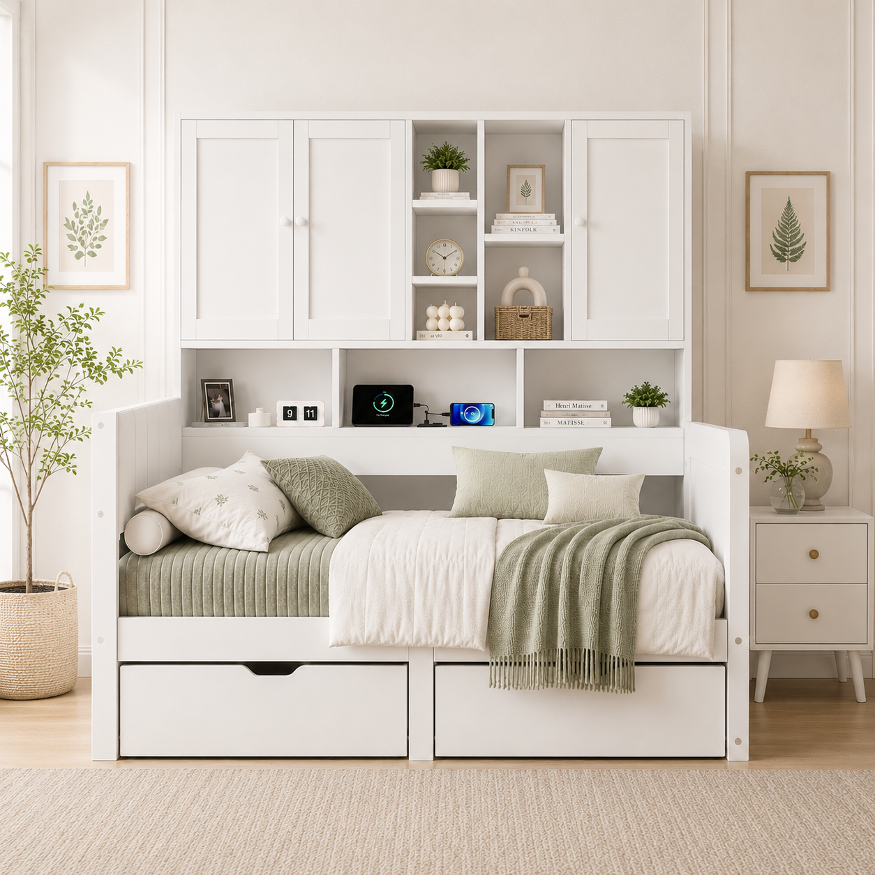 3FT Single Kids Storage Bed 90 X 190cm, White With Overbed Cabinets, 2 Drawers — image 2