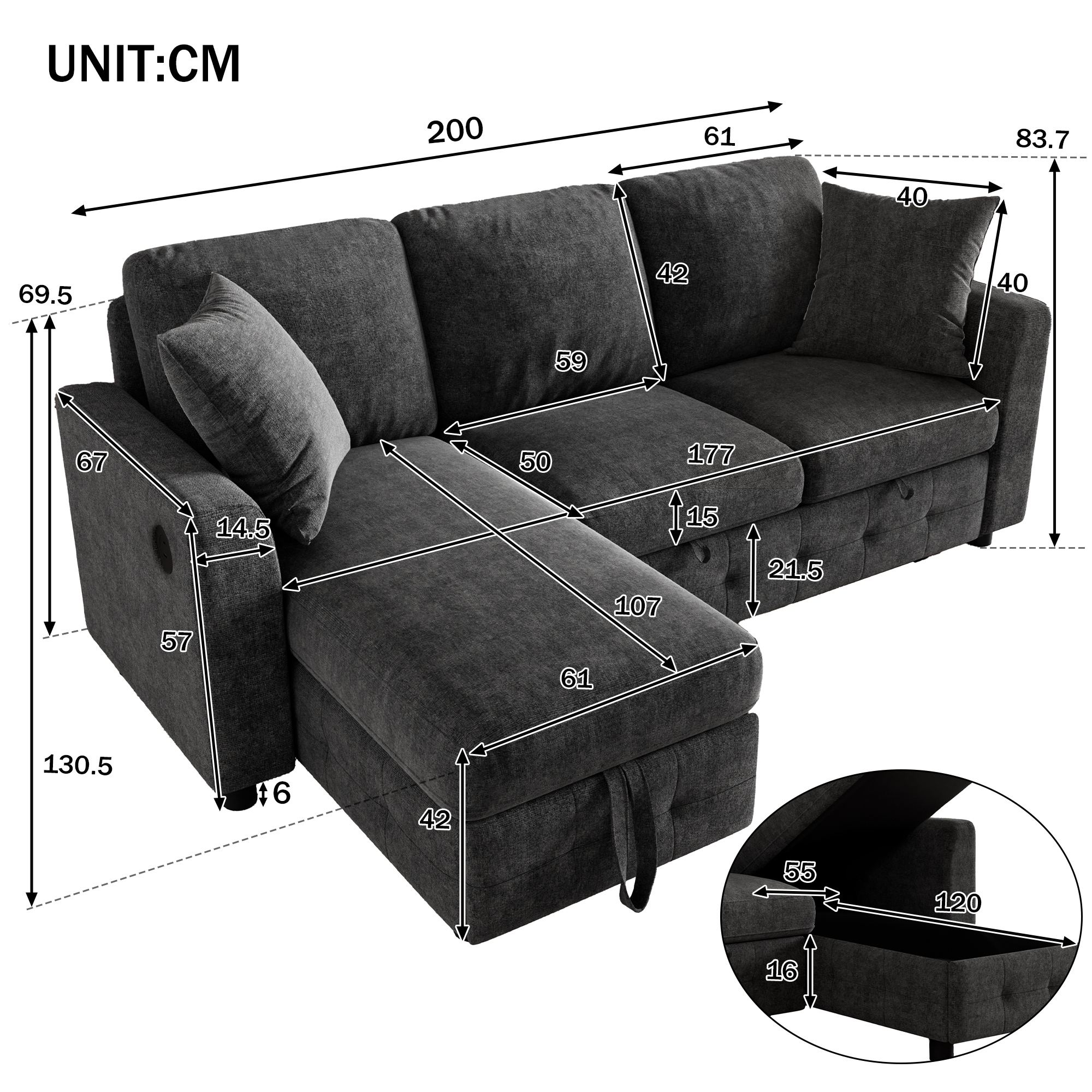 Modern Chenille L-Shaped Sectional Sofa With 1 Storage Chaise Lounges, 2 Square — image 3