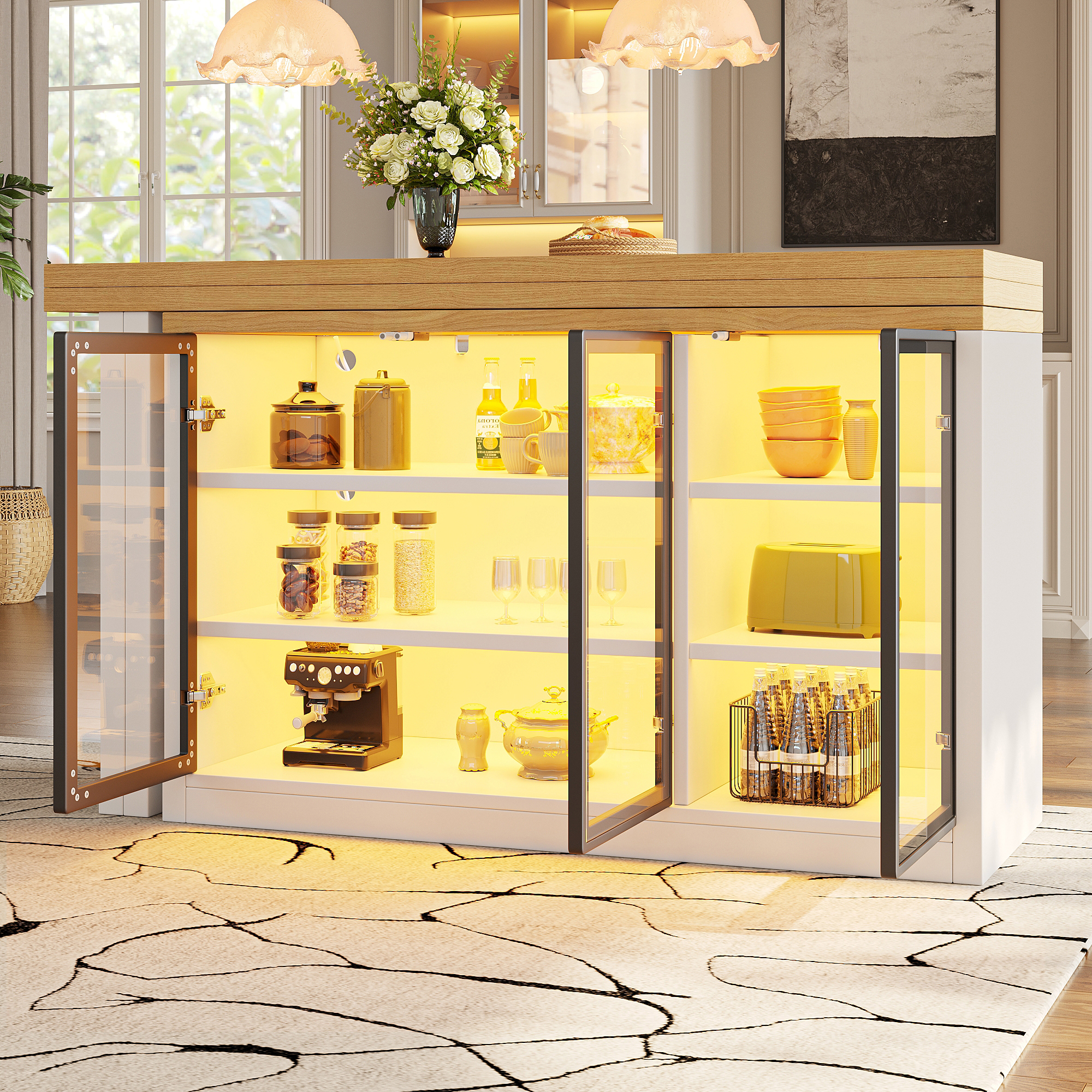 Extendable Sideboard & Dining Table Combo With LED Lights, Push-to-Open Glass — image 5