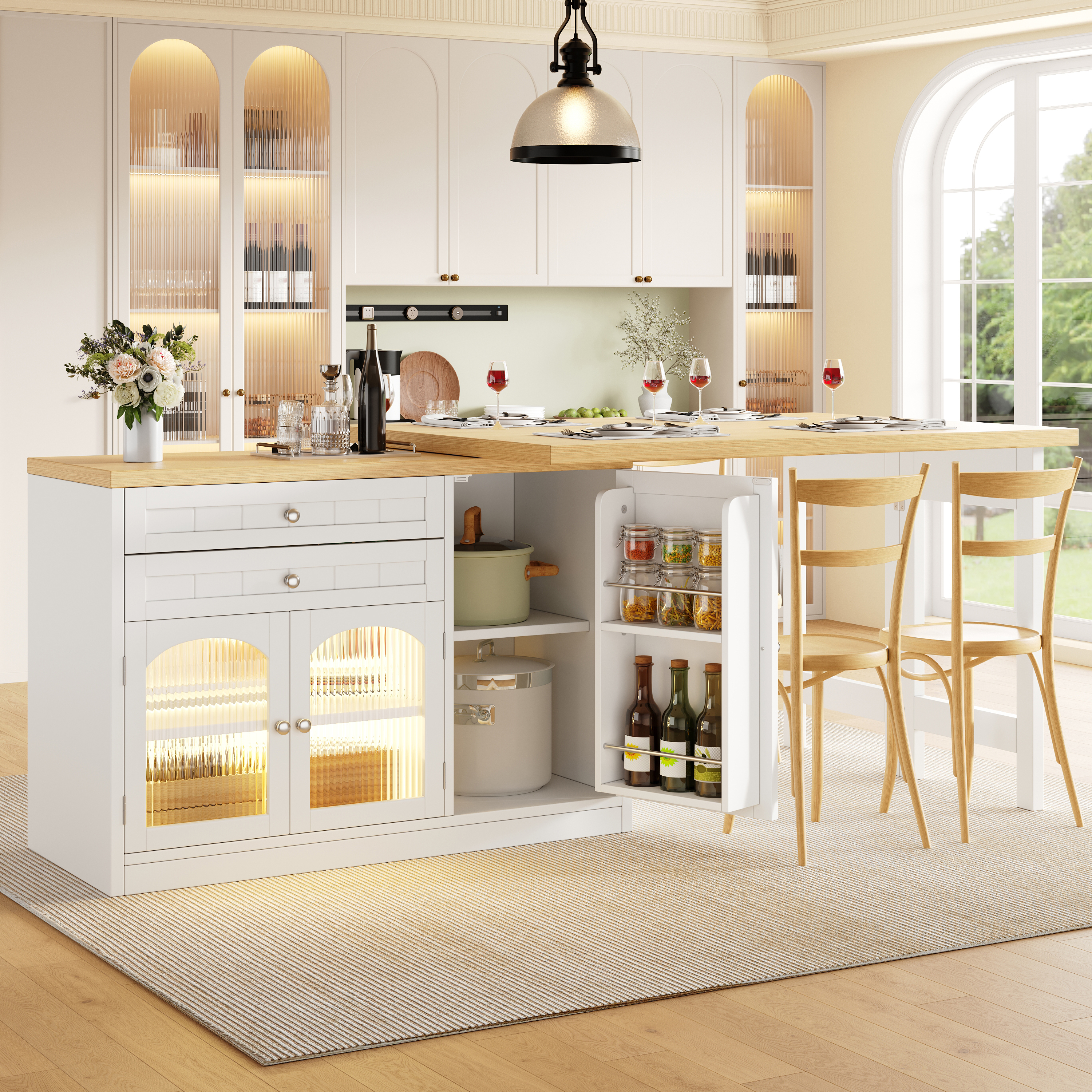 Extendable Kitchen Island Dining Table 120-194cm, 360 Rotating Tabletop, With Glass Doors, Drawers & Door Snack Shelves, White