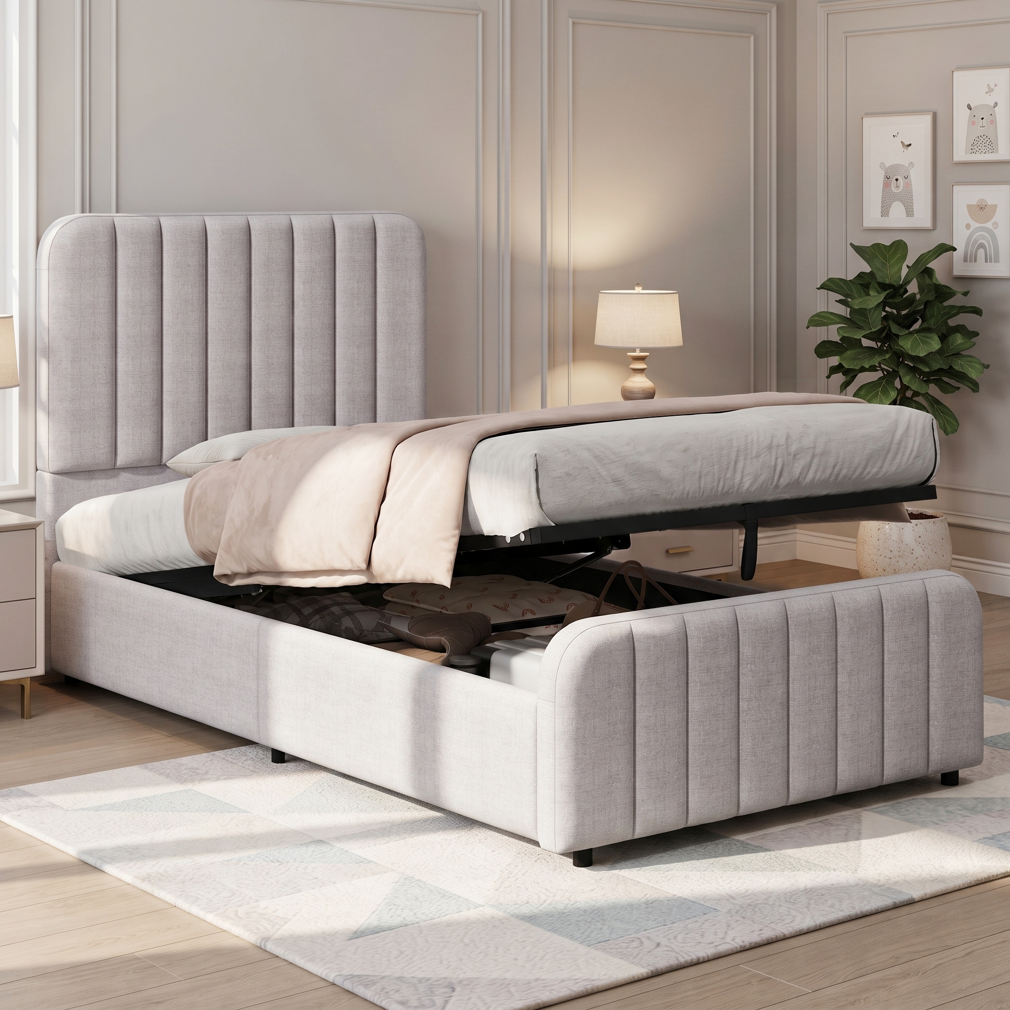 Modern Upholstered Storage Bed 3FT Single  90 X190 Cm  Hydraulic Ottoman Bed Frame With Tall Padded Headboard, Timeles S Linen Bed For Kids, Teens & Adults, Light Gray, Linen