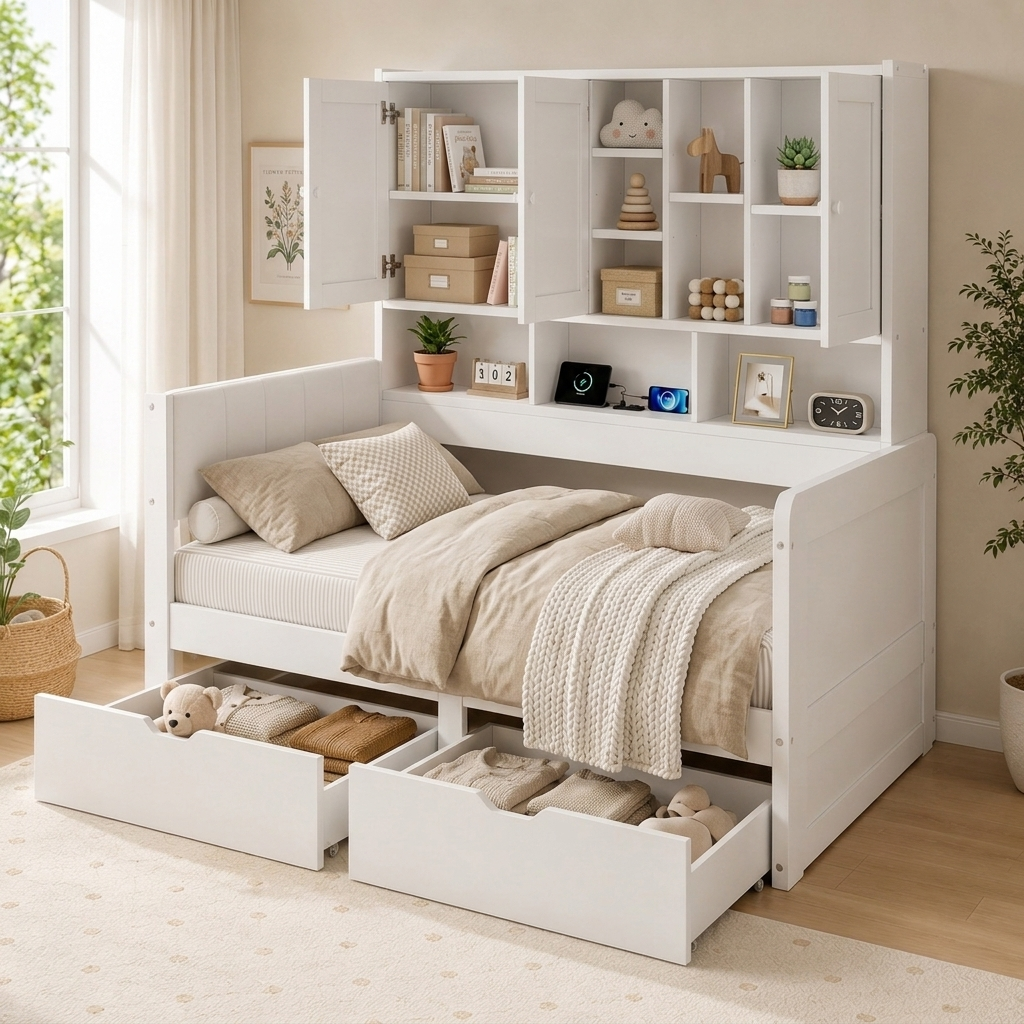 3FT Single Kids Storage Bed 90 X 190cm, White With Overbed Cabinets, 2 Drawers — image 3