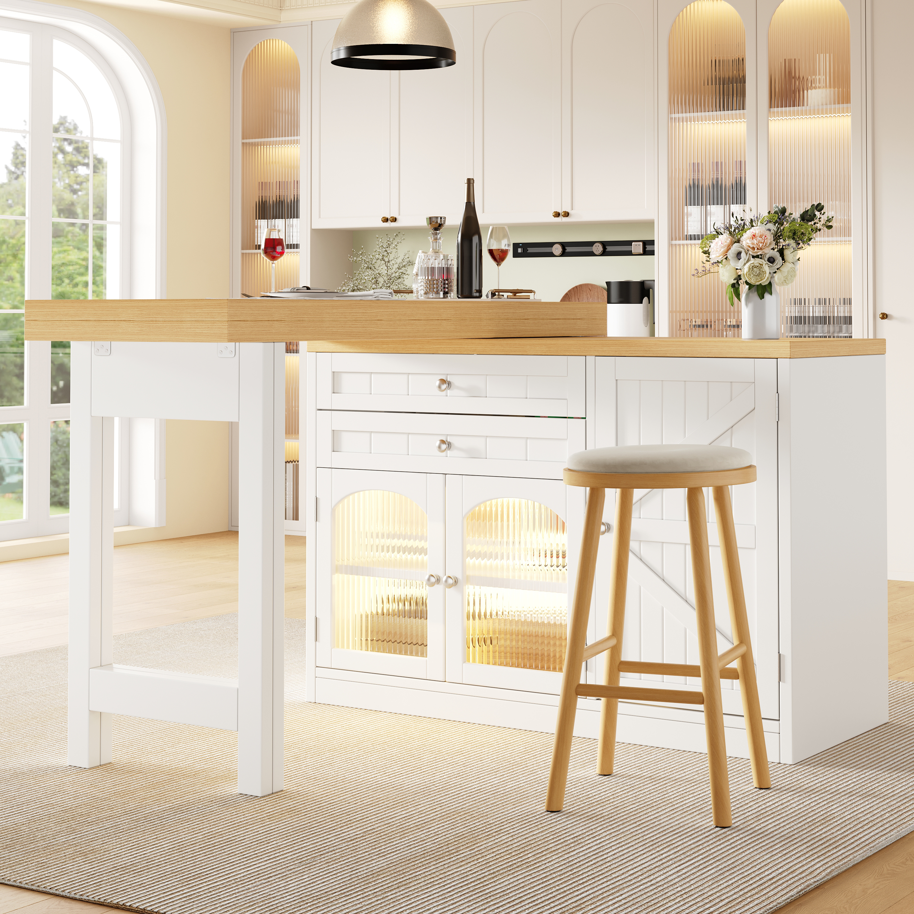Extendable Kitchen Island Dining Table 120-194cm, 360 Rotating Tabletop, With Glass Doors, Drawers & Door Snack Shelves, White 2