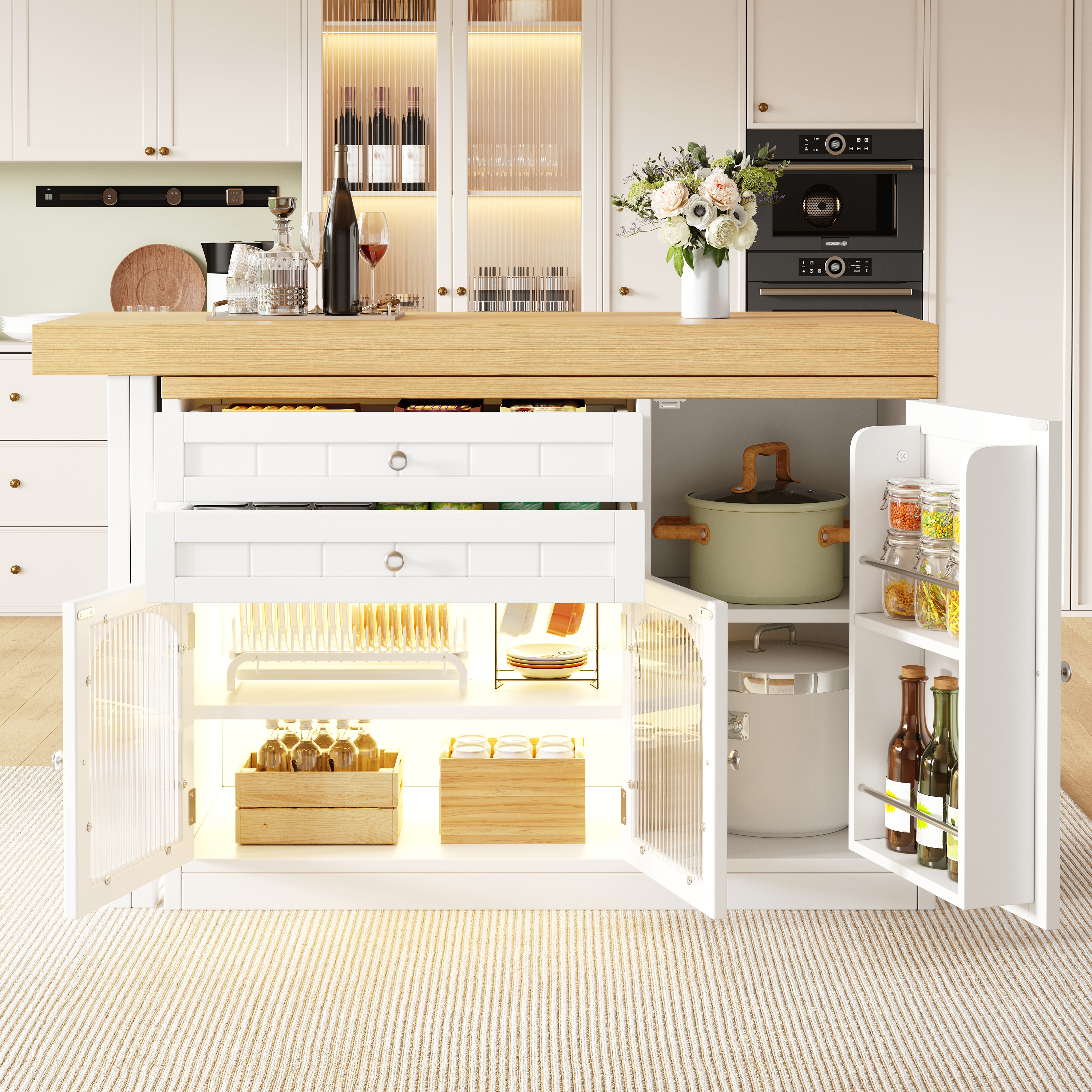 Extendable Kitchen Island Dining Table 120-194cm, 360 Rotating Tabletop, With Glass Doors, Drawers & Door Snack Shelves, White 3