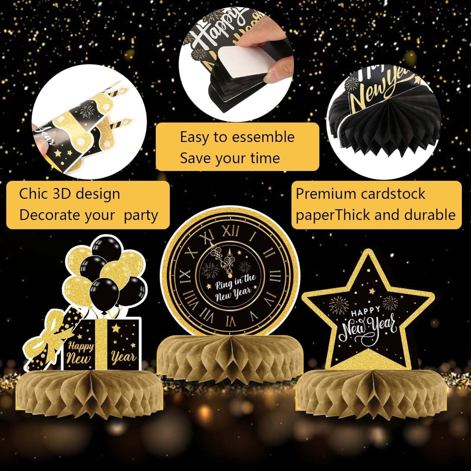 2026 New Year's Table Decorations ,9-Piece New Year's Eve Decoration Set ,Honeycomb-Shaped New Year's Eve Table Decorations ,Black New Year's Decorations ,Happy New Year Decorations — view 3