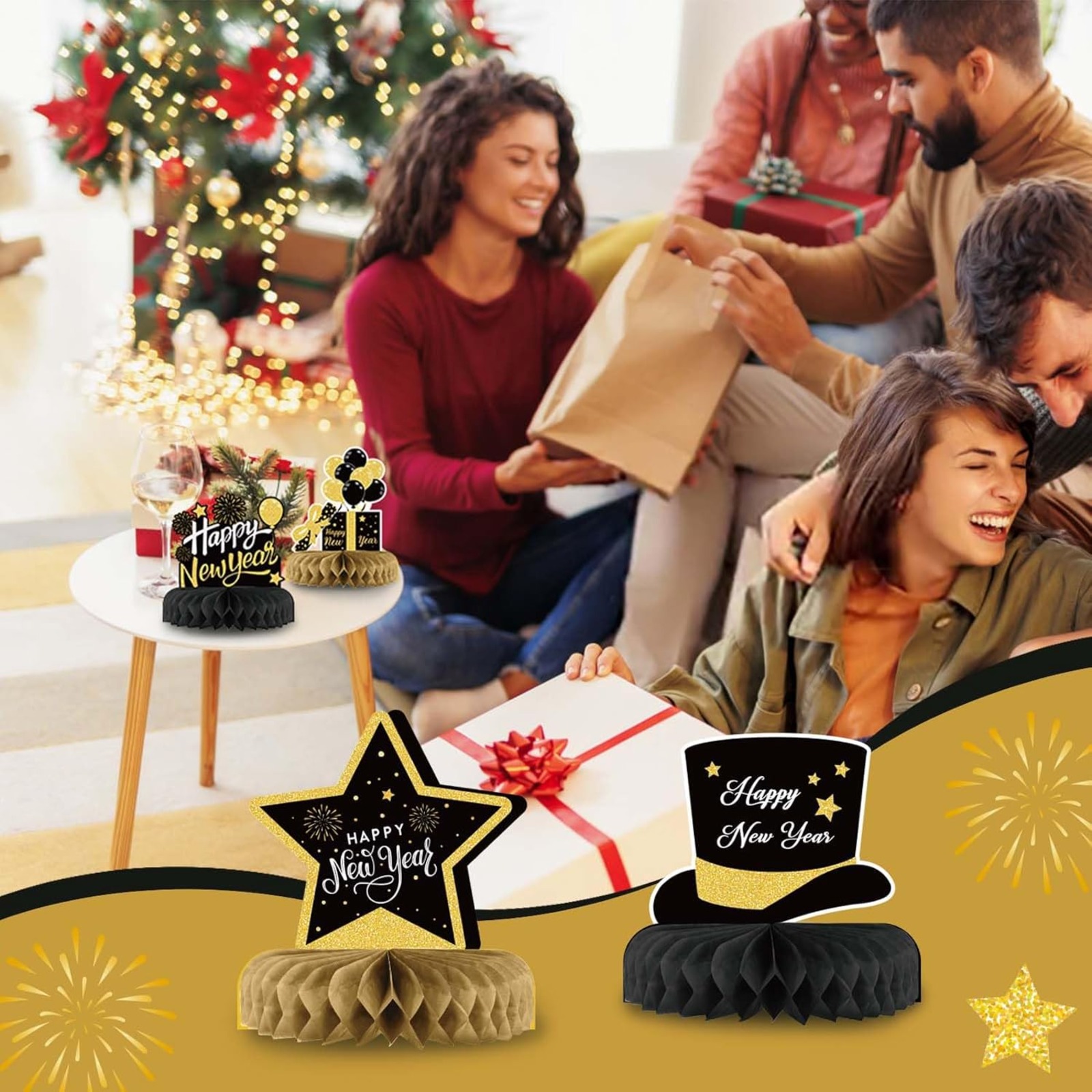 2026 New Year's Table Decorations ,9-Piece New Year's Eve Decoration Set ,Honeycomb-Shaped New Year's Eve Table Decorations ,Black New Year's Decorations ,Happy New Year Decorations — view 2