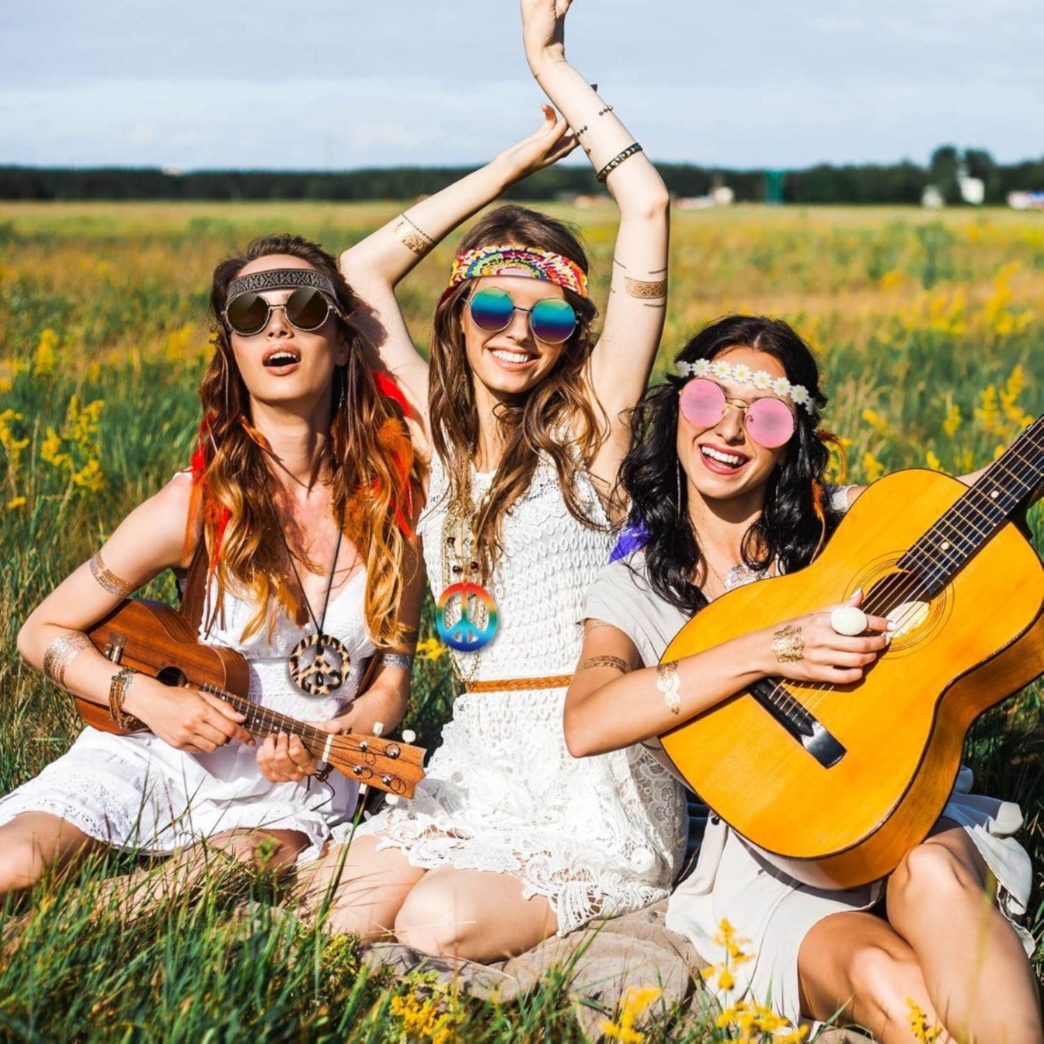Hippie Costume Set,9 Pieces: 60s And 70s Retro Accessories,Including A Peace Sign Necklace,Boho Daisy Headband,and Hippie Vintage Glasses—Perfect For Theme Parties, The Beach,Travel,and Photography — foto 3