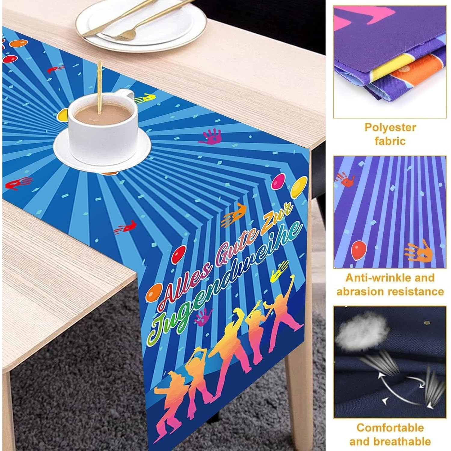 Youth Initiation Table Runner In An Elegant Blue Double-Sided Design, Festive Table Decor For A Youth Initiation Party, Durable Fabric Runner For Celebrations & Parties — foto 2