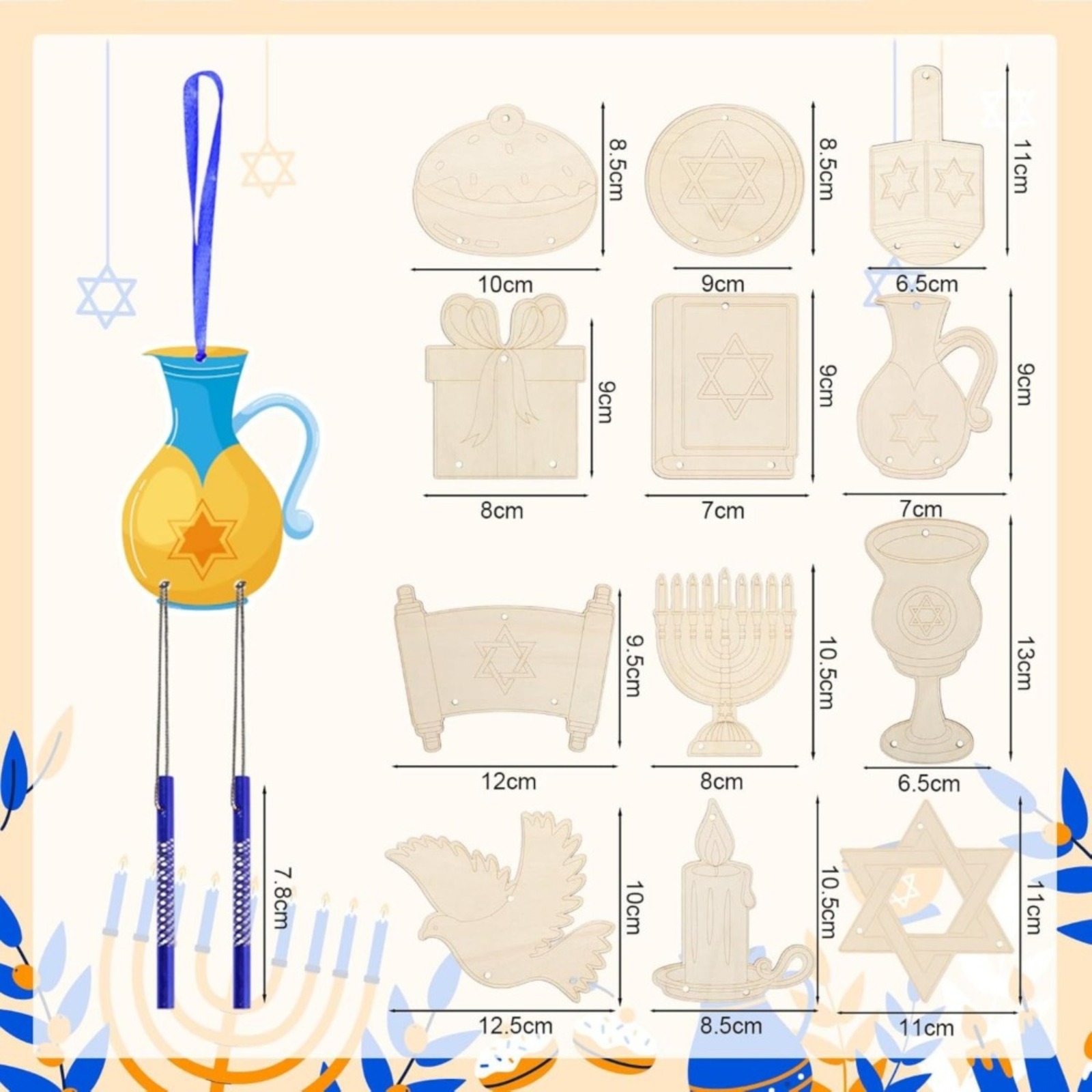 12-Piece Hanukkah Wind Chime Craft Set: Hanukkah Wooden Crafts, Creative Painting Sets, Gifts For Hanukkah, Jewish Festival Of Lights Decorations, Assorted Items, Party Favor Packs — foto 2