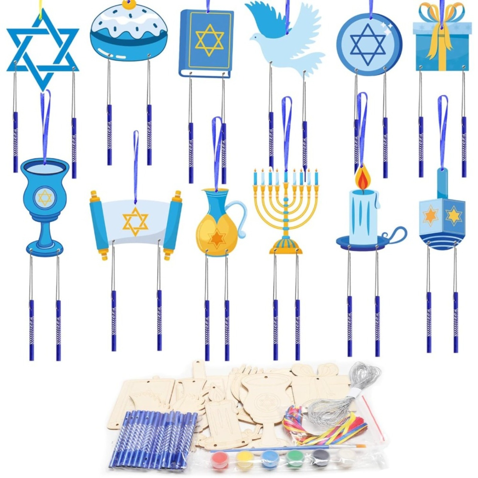 12-Piece Hanukkah Wind Chime Craft Set: Hanukkah Wooden Crafts, Creative Painting Sets, Gifts For Hanukkah, Jewish Festival Of Lights Decorations, Assorted Items, Party Favor Packs — foto 3