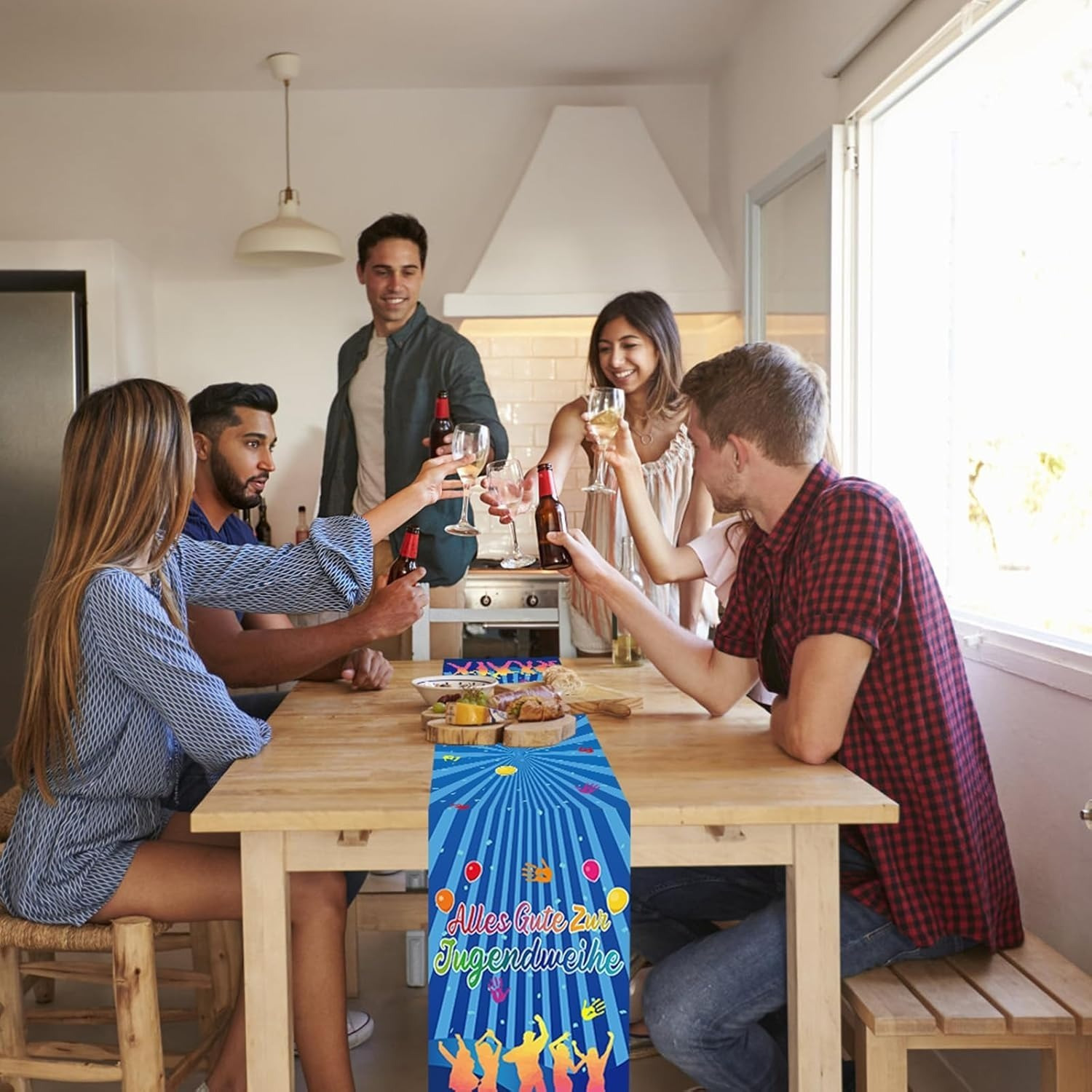 Youth Initiation Table Runner In An Elegant Blue Double-Sided Design, Festive Table Decor For A Youth Initiation Party, Durable Fabric Runner For Celebrations & Parties