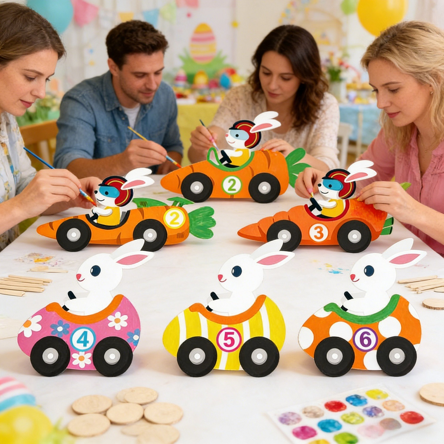 Easter Craft Kit: Wind-Up Bunnies Set, 12 Wooden Bunny Figures With Transparent Hangers, Includes Rhinestones & A Paintbrush, Creative DIY Craft Kit For Easter Decorations And Party Decorations