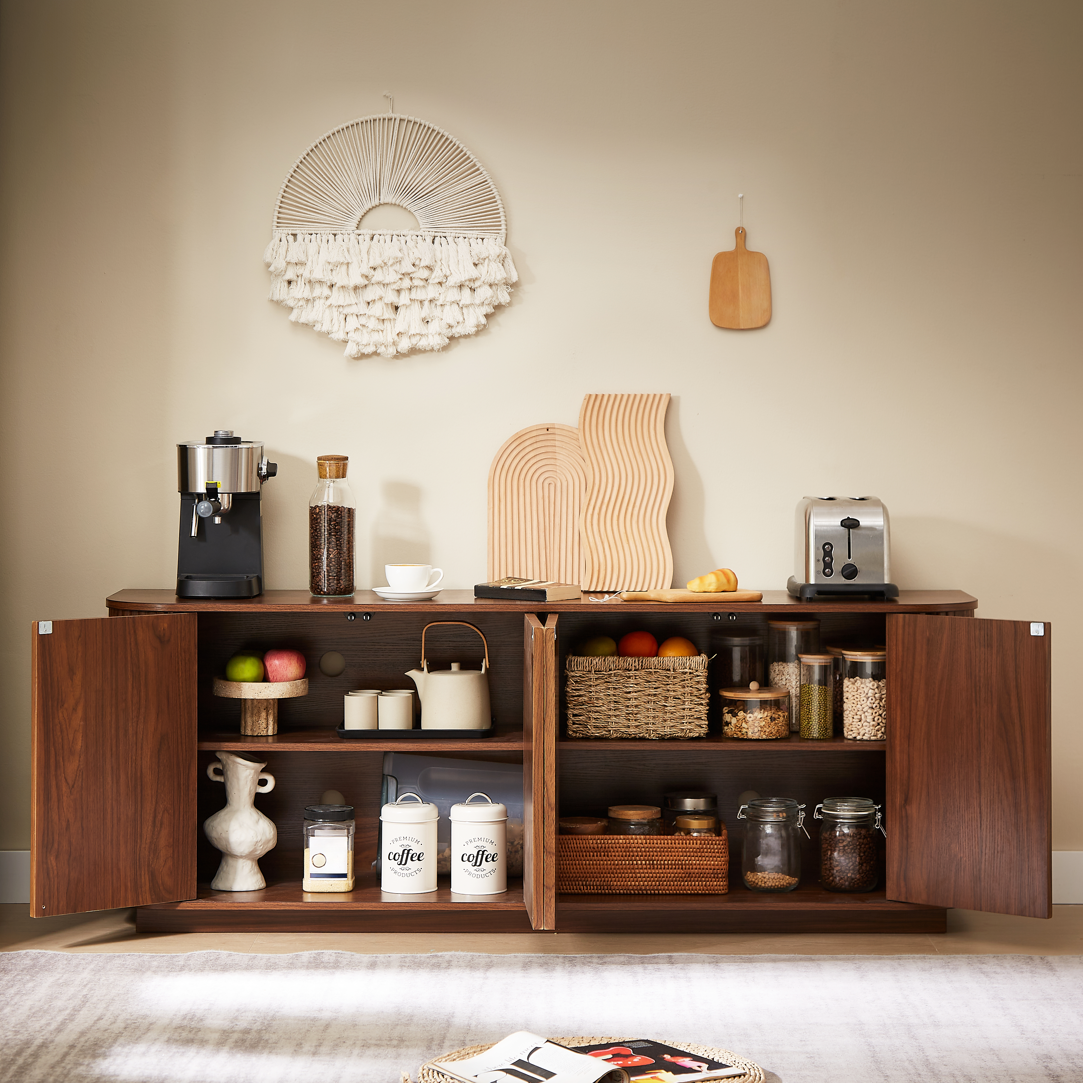 Sideboard Storage Cabinet TV Stand With Wave Pattern Buffet Cabinet Wooden Vertical Striped Cabinet For Kitchen Bedroom Entryway. Walnut, 64 W X 15 D X 24 H.