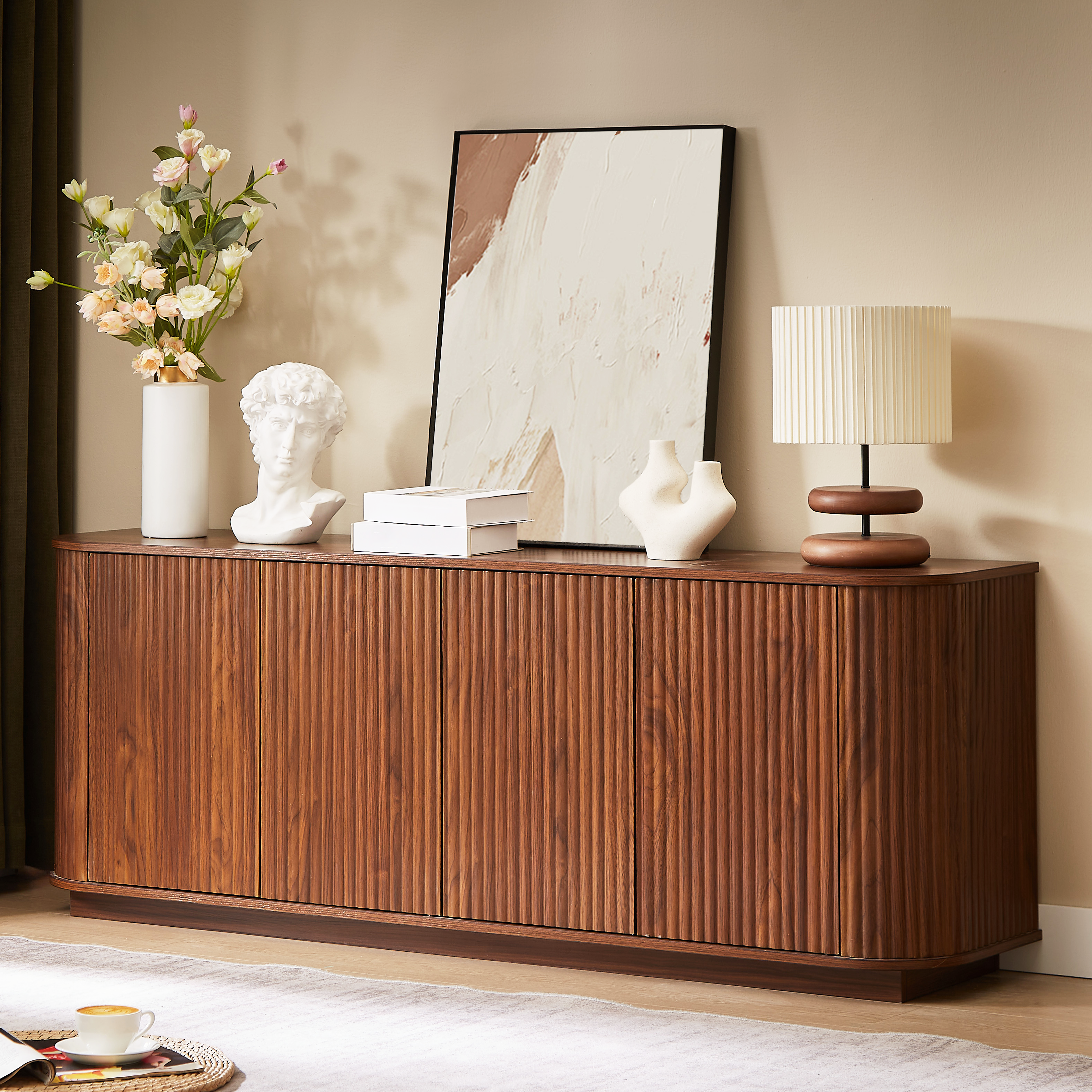 Sideboard Storage Cabinet TV Stand With Wave Pattern Buffet Cabinet Wooden Vertical Striped Cabinet For Kitchen Bedroom Entryway. Walnut, 64 W X 15 D X 24 H.