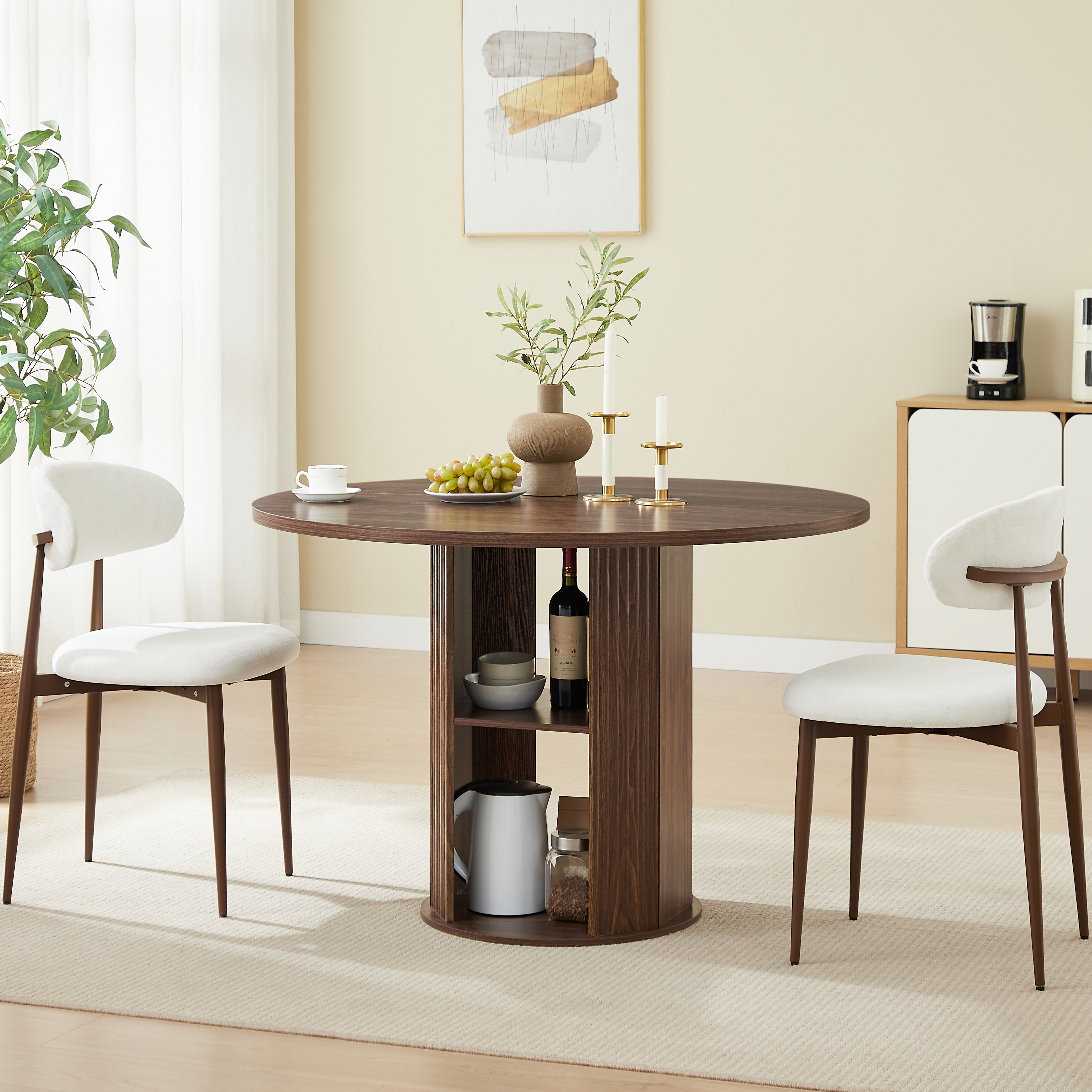 47.24 Round Dining Table Serves 2-4 With Two Dining Chairs Blends Modern And Farmhouse Styles, Featuring A Double-tiered Storage Shelf, Suitable For Dining Rooms Or Living Spaces.Walnut — view 2